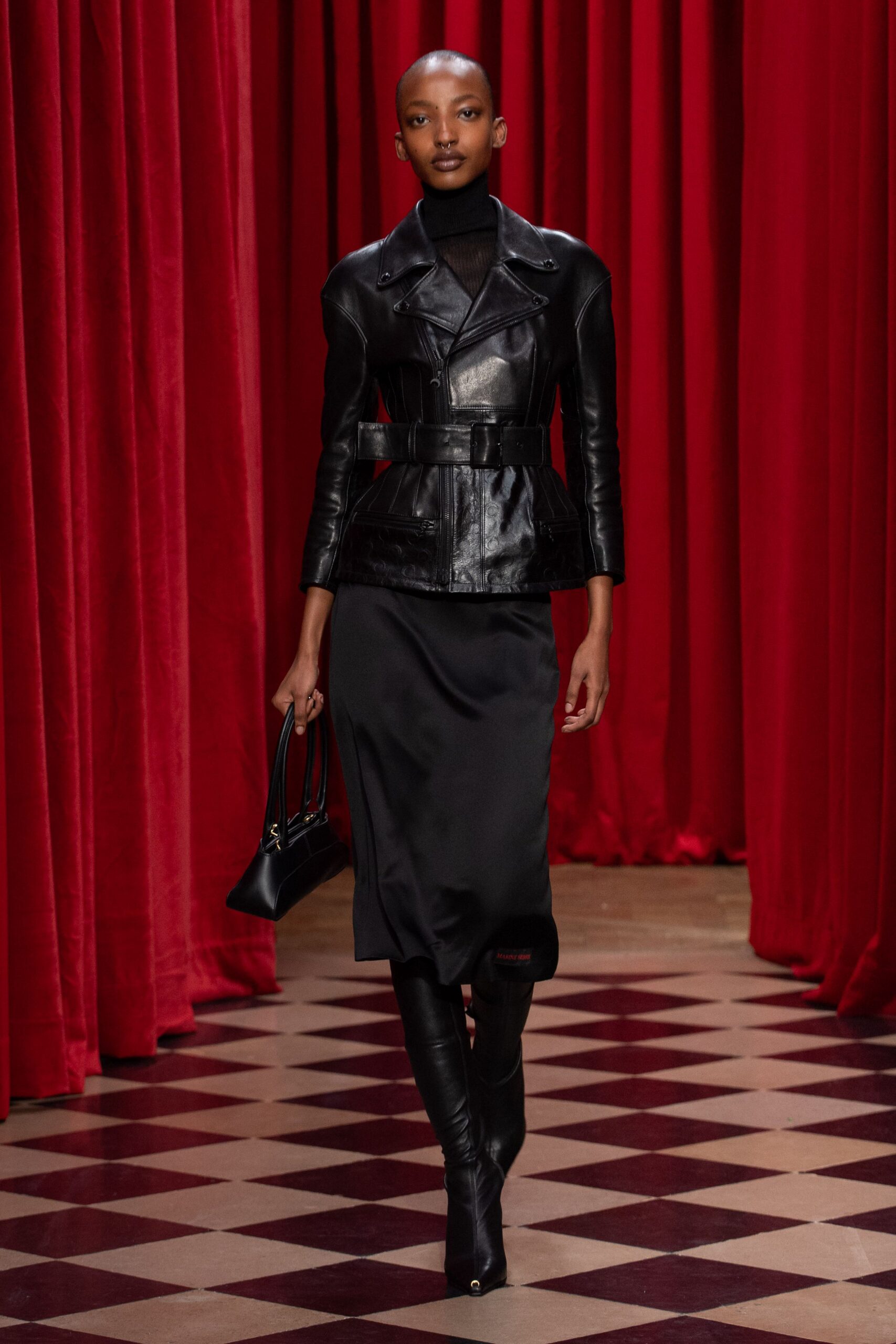 black leather long-sleeve collared fitted belted jacket