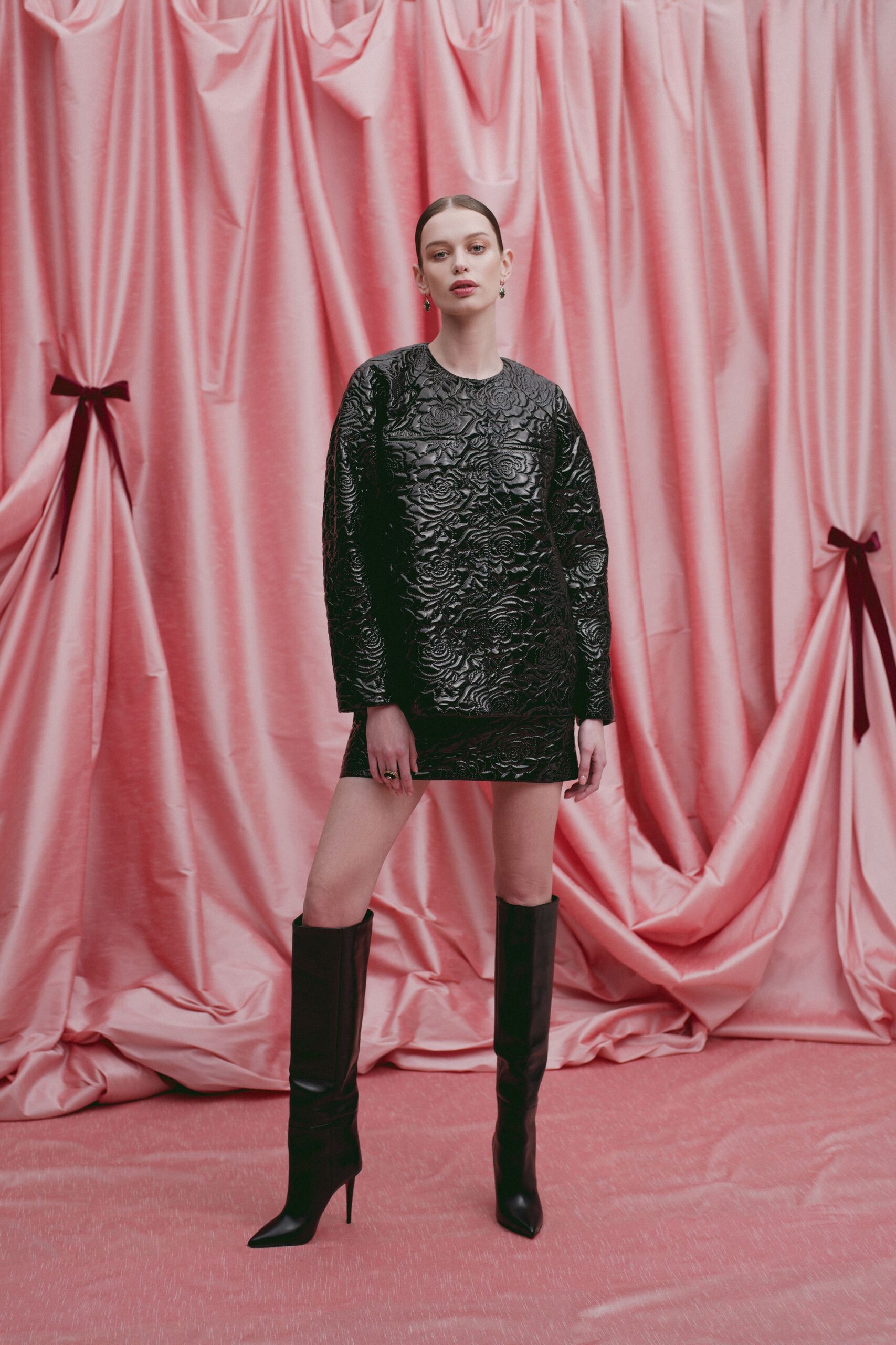 black leather long-sleeve fitted textured mini dress
