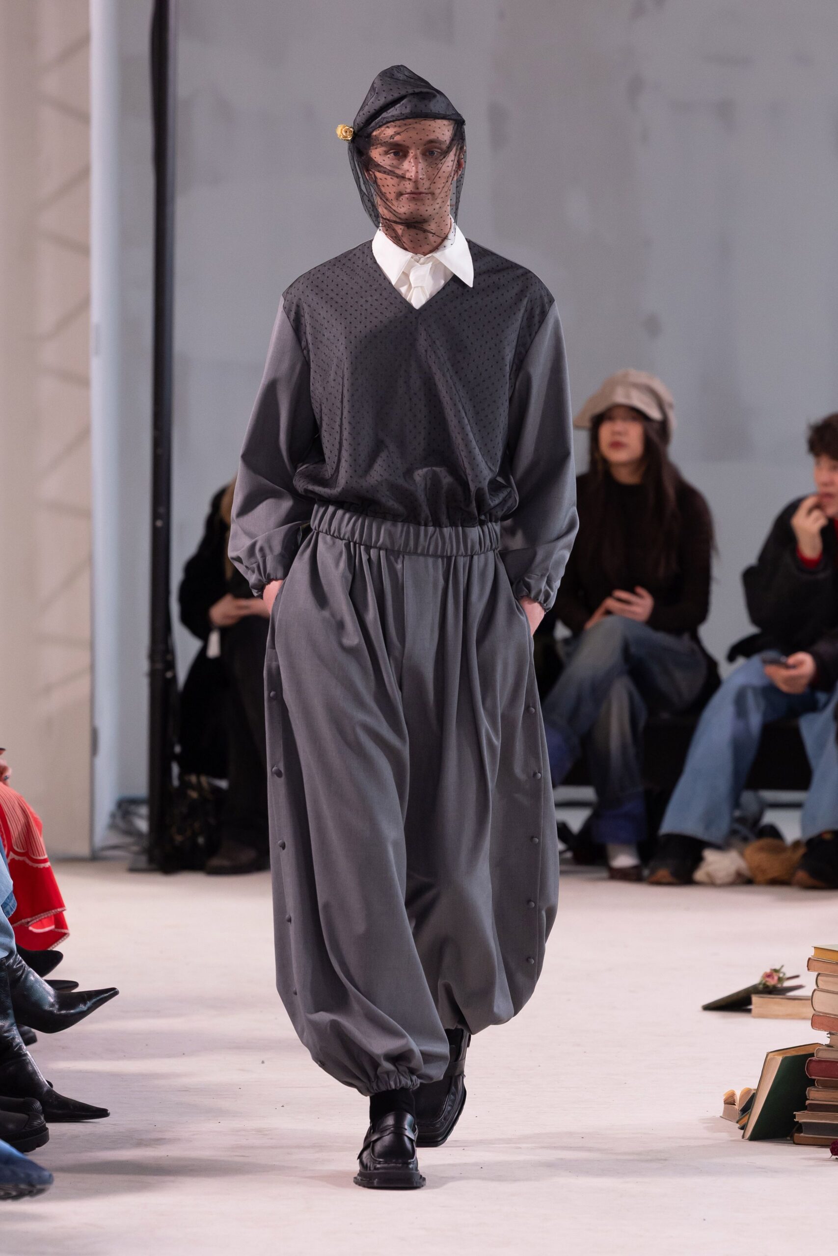 gray cotton long-sleeve collared relaxed buttoned jumpsuit