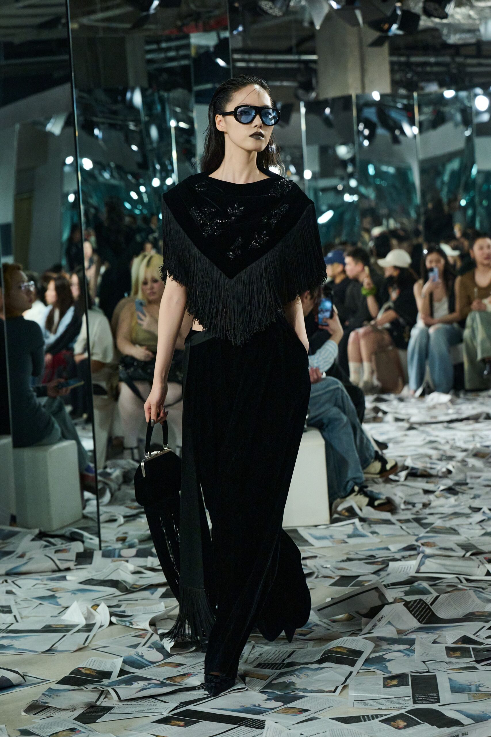 black velvet fringed top and pants