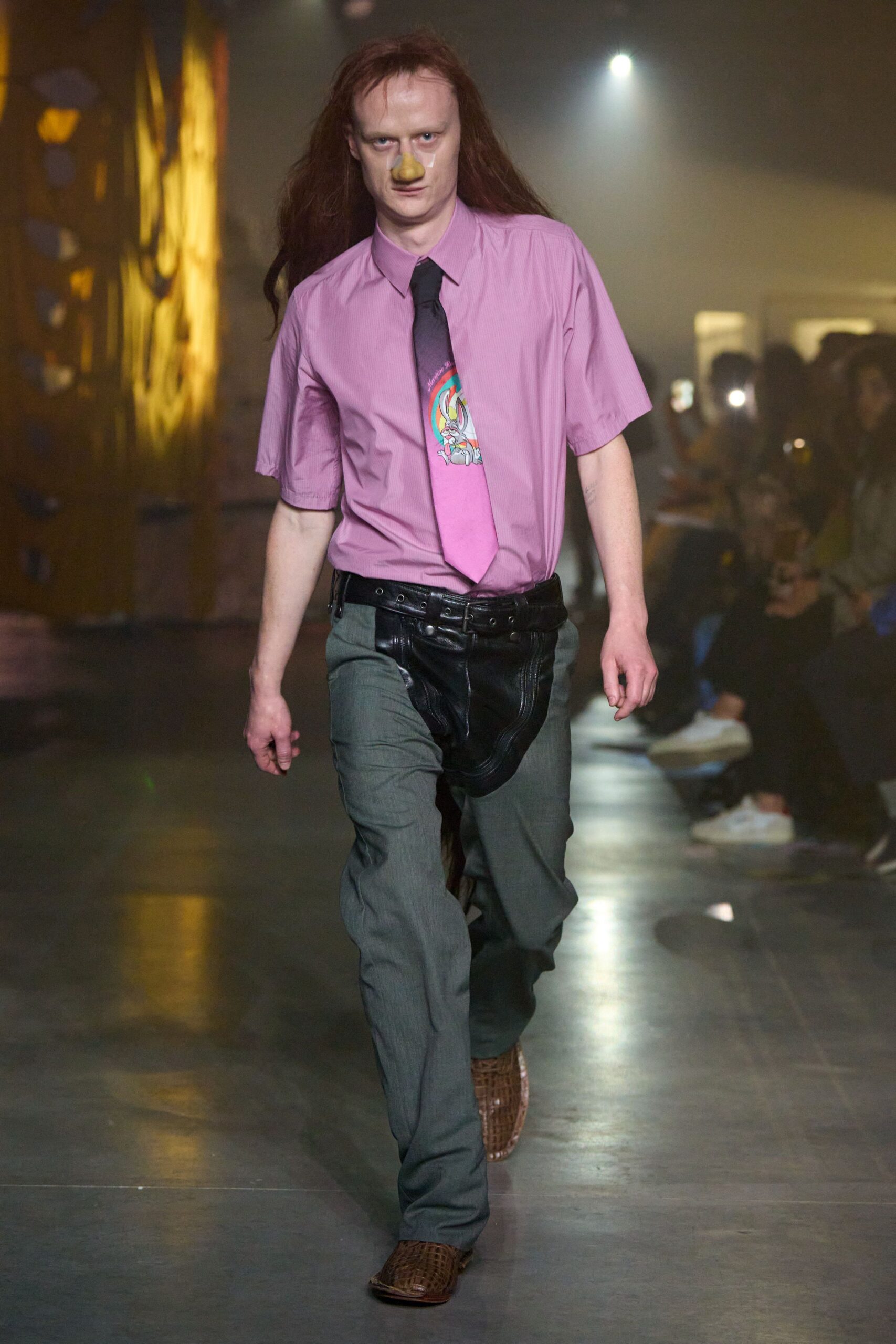 pink shirt gray pants outfit