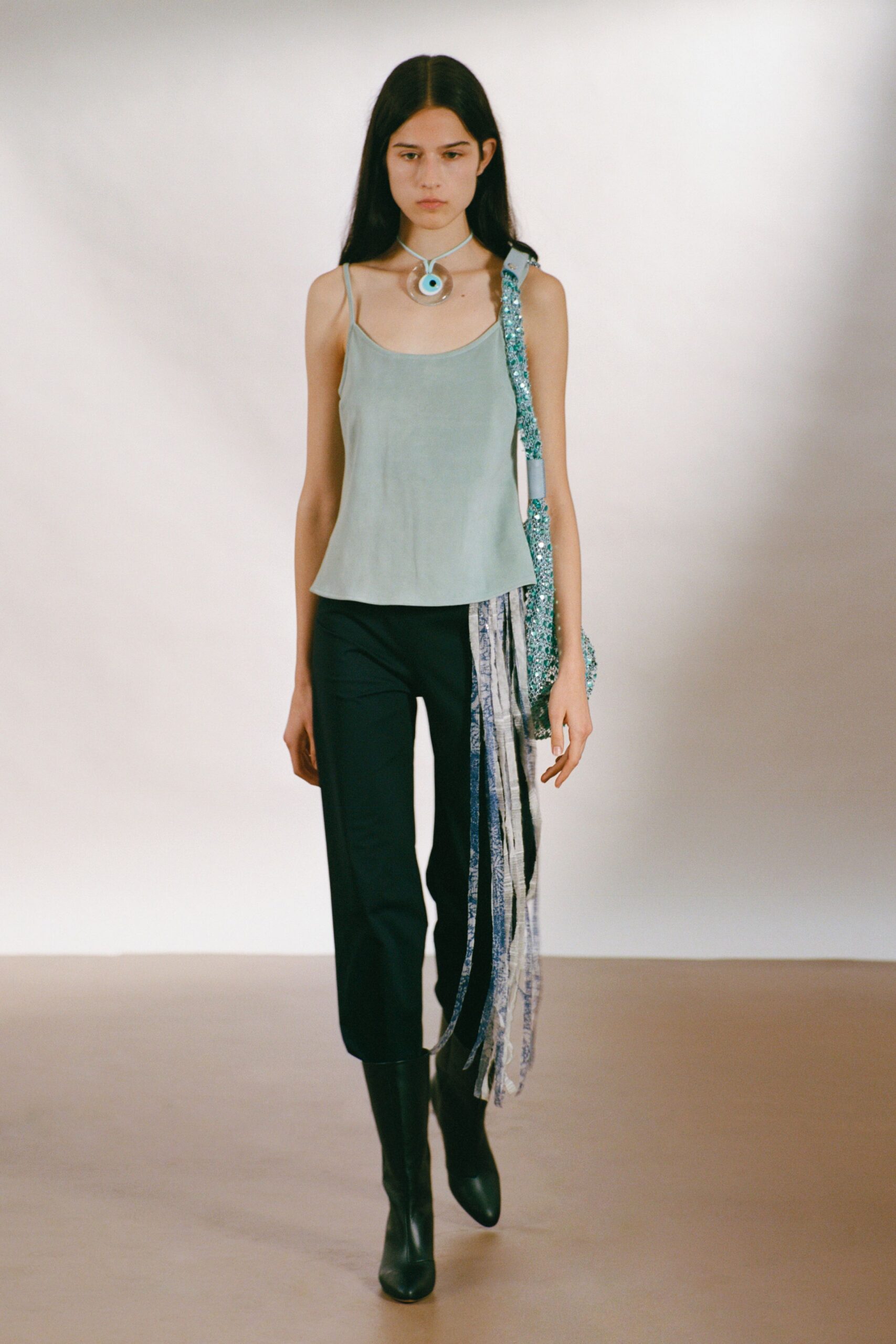 blue silk sleeveless scoop-neck fitted tank-top