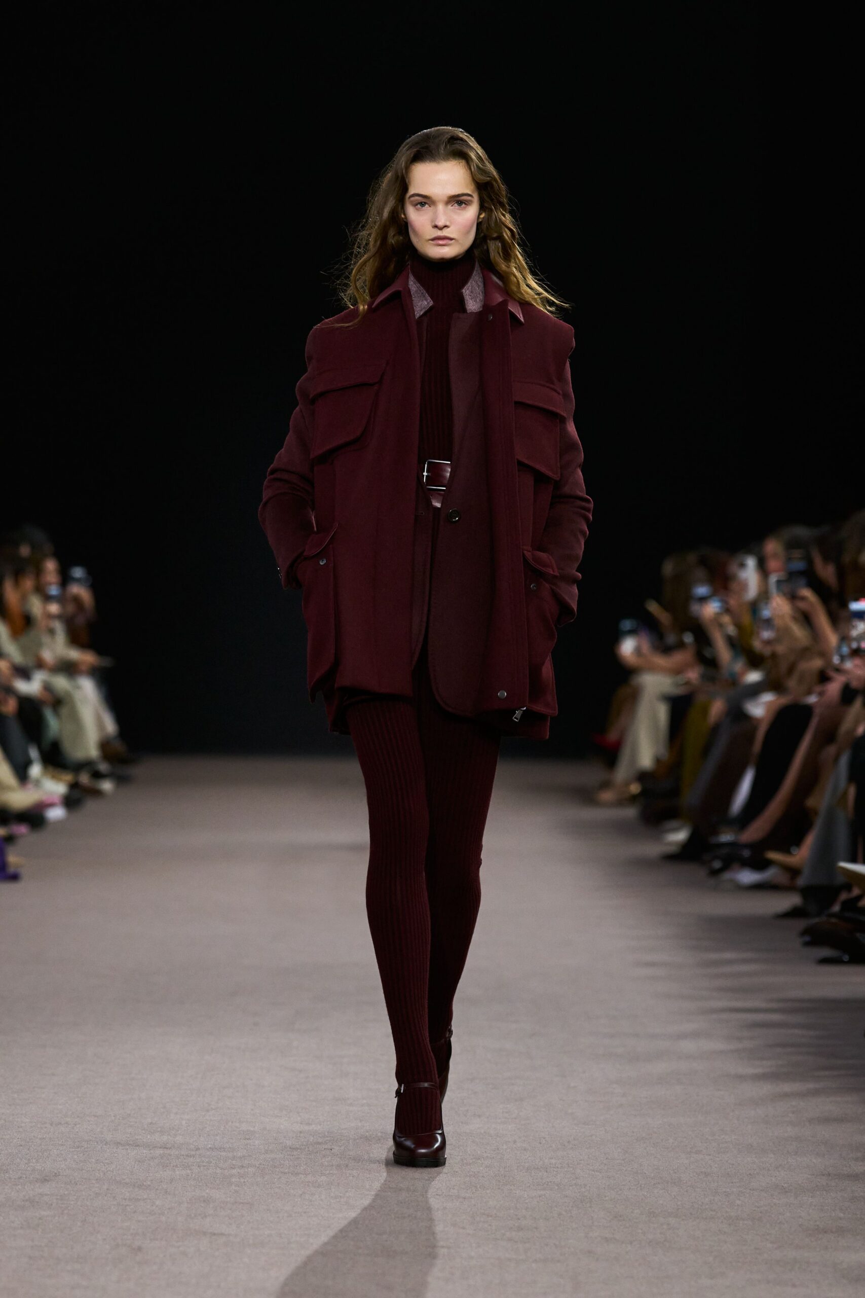 maroon wool long-sleeve collared structured buttoned coat