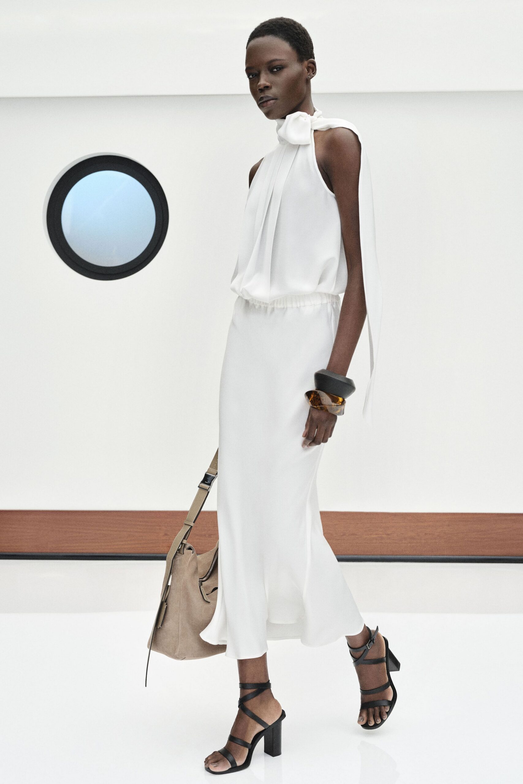 white fitted draped midi dress