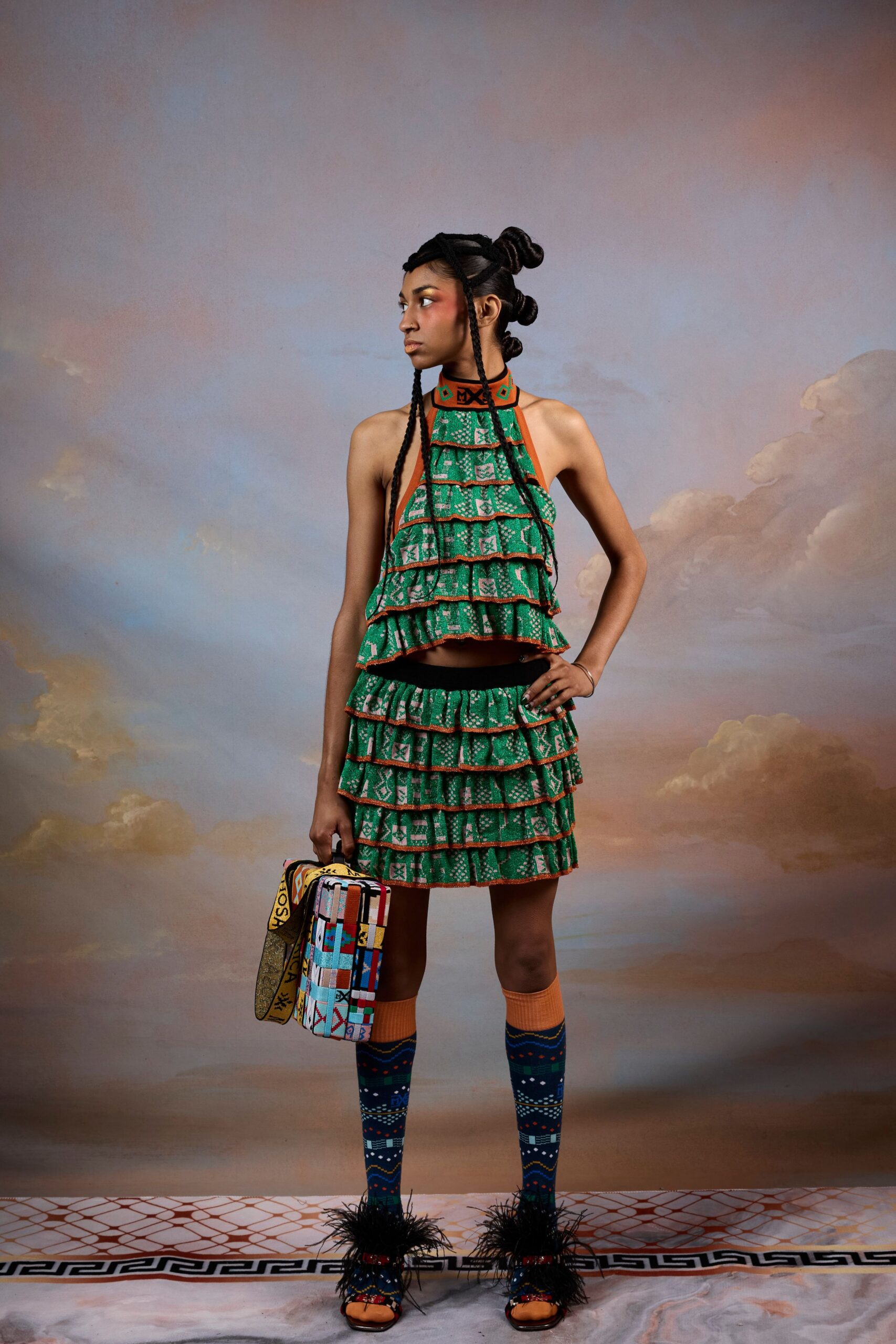 green cotton sleeveless halter fitted ruffled layered dress