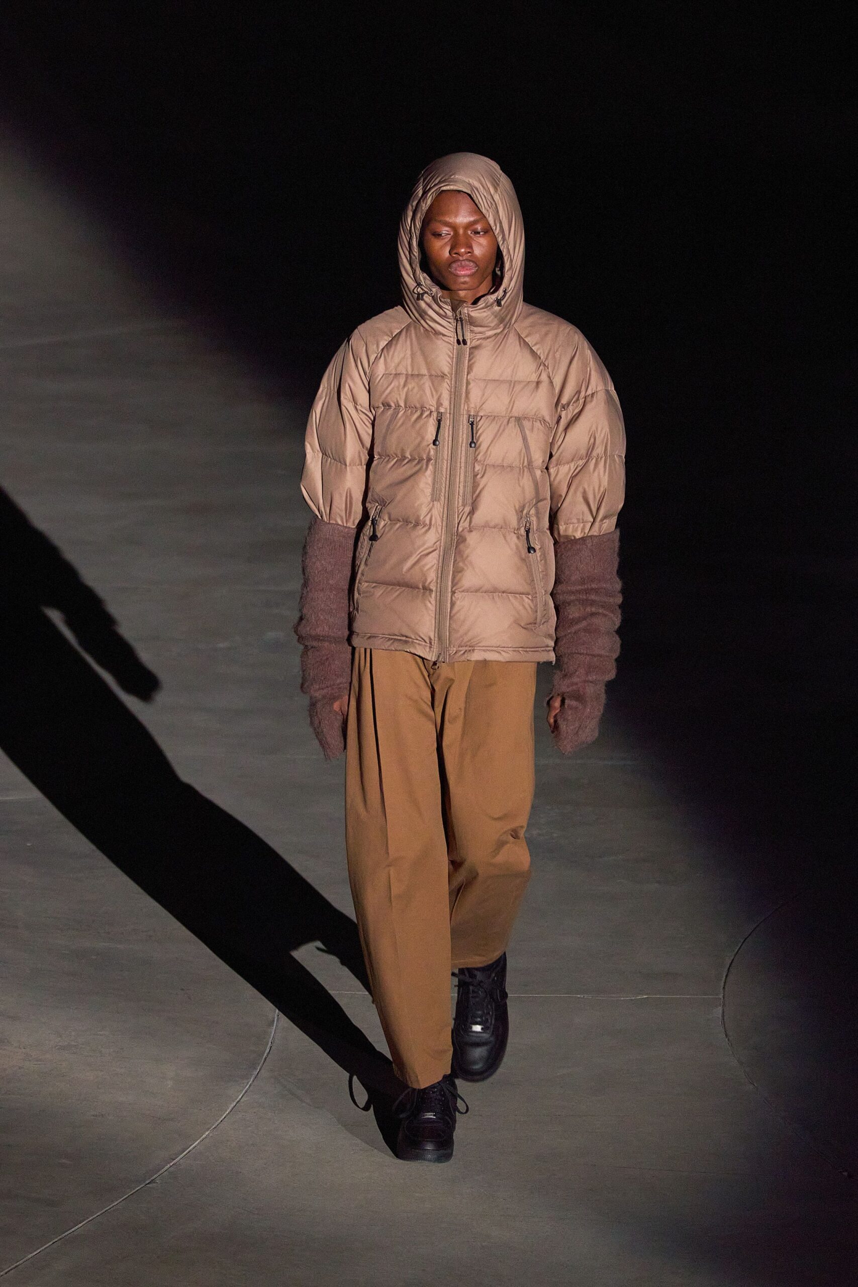 beige padded hoodie with brown pants