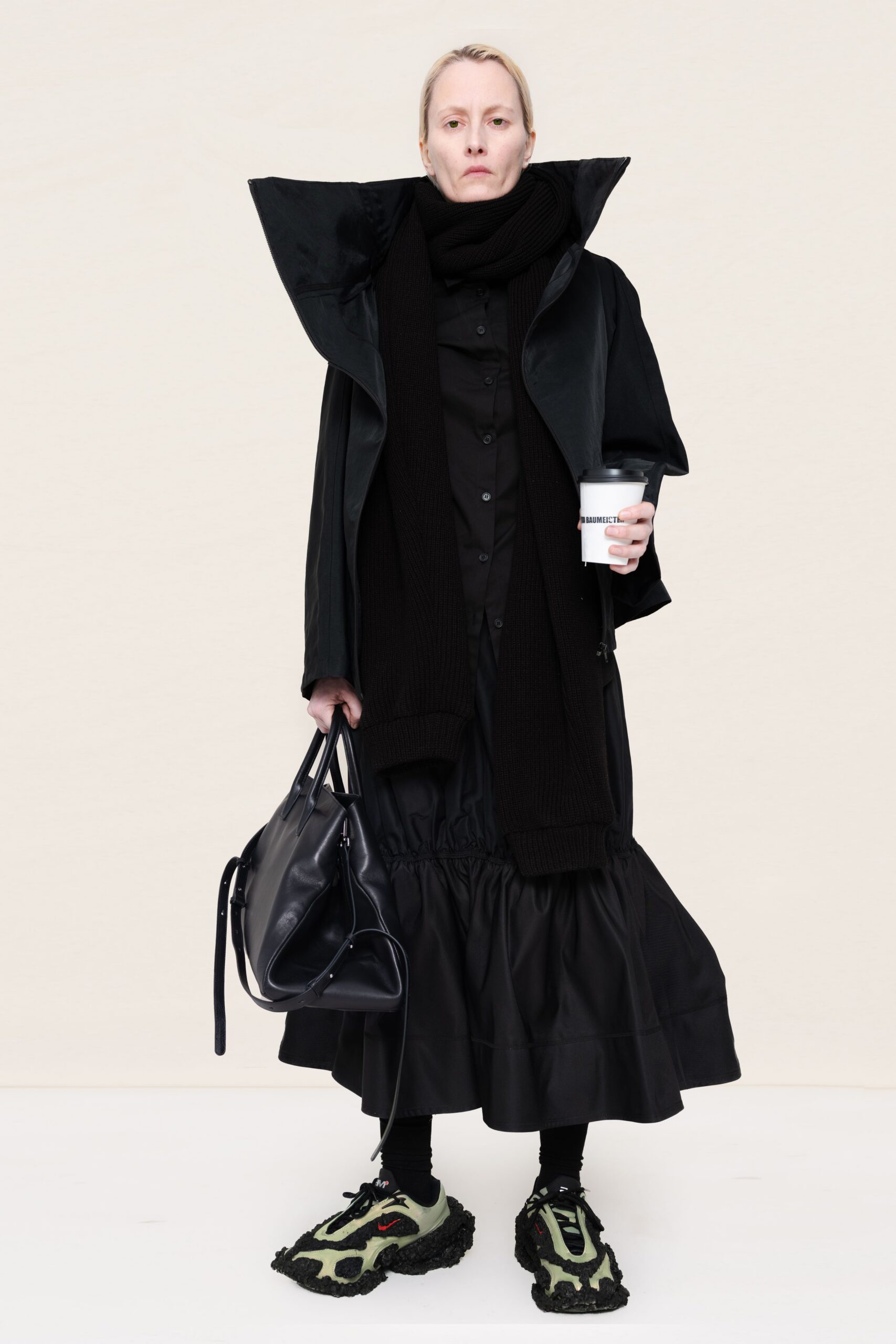 black cotton long-sleeve collared fitted pleated midi shirt-dress