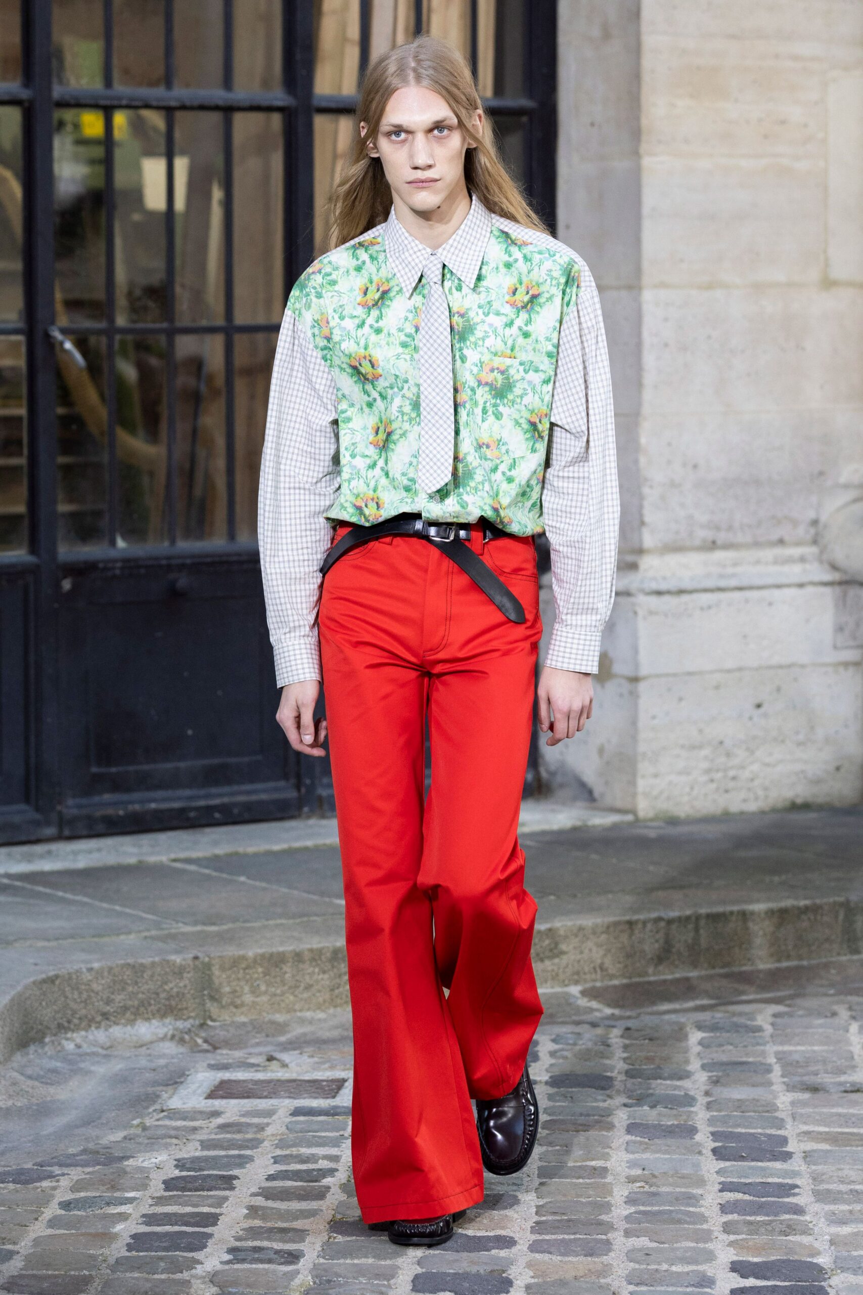 red cotton fitted flared pants
