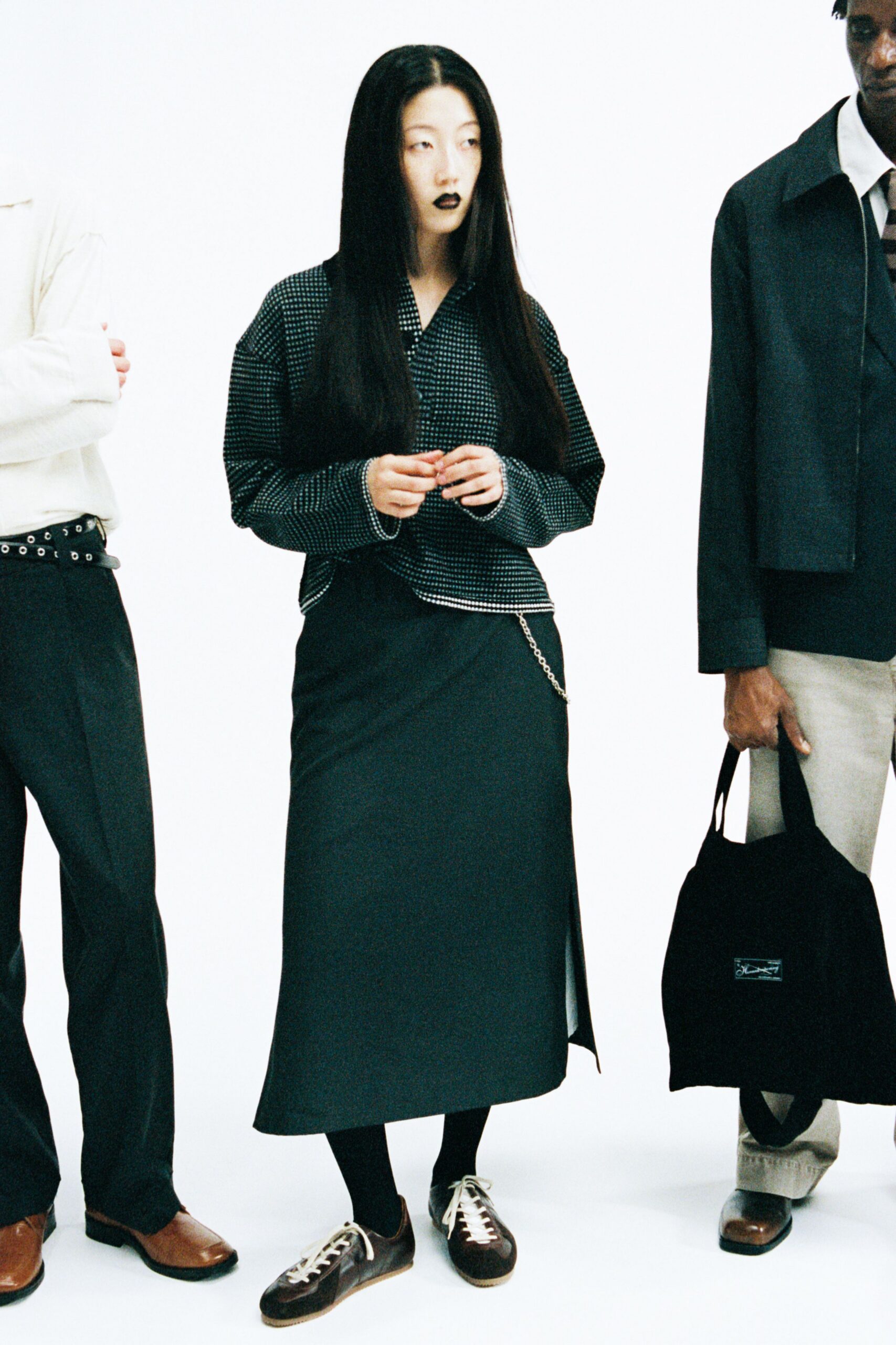 black and white checked shirt with midi skirt