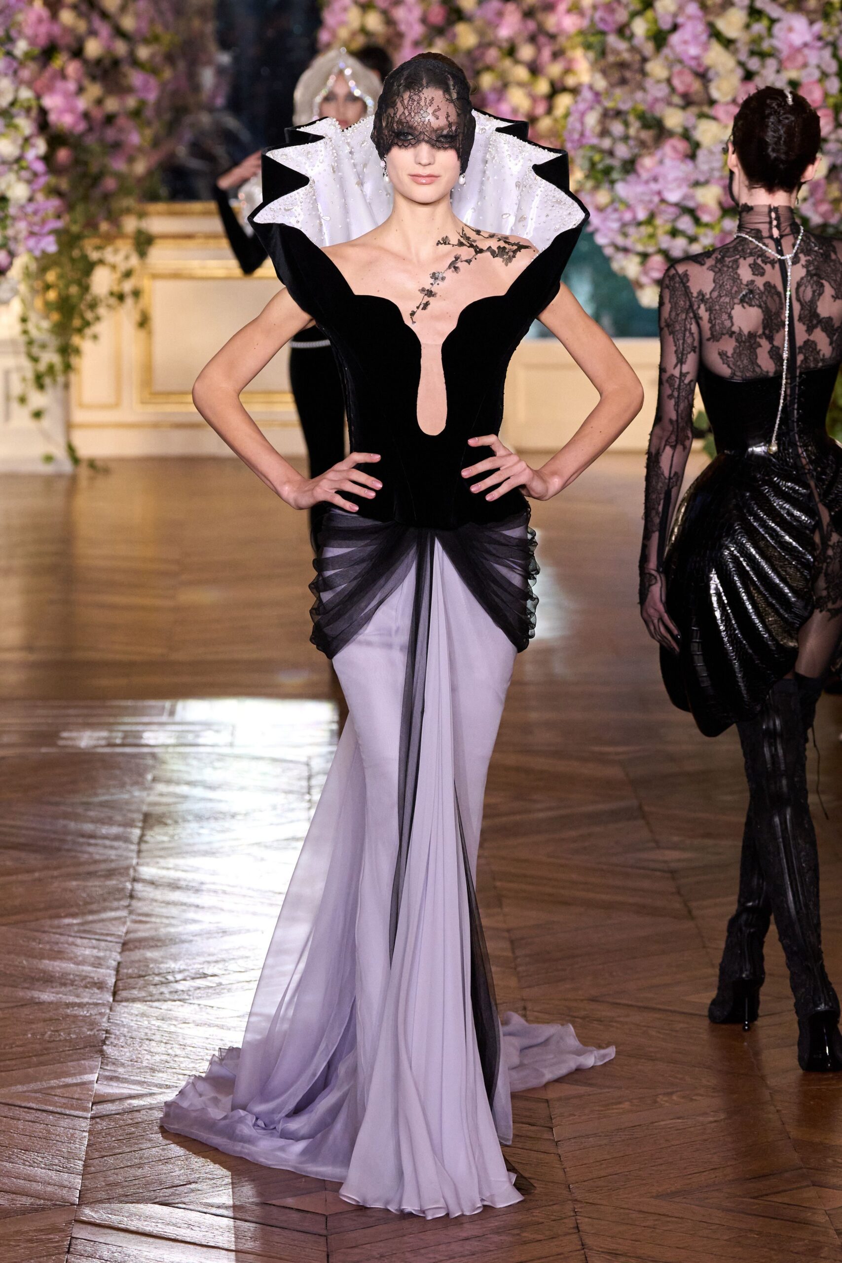 black lace fitted embellished hat