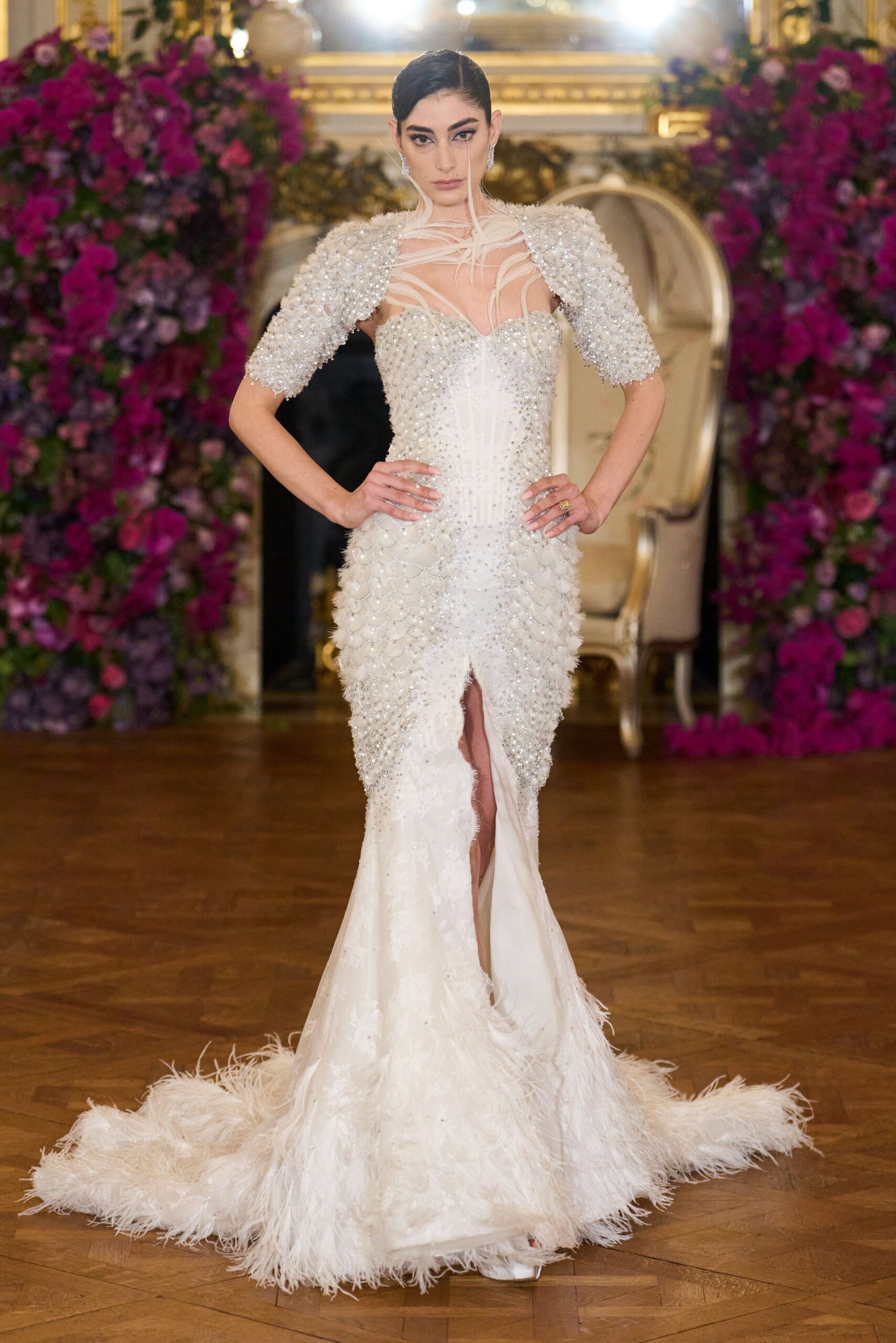 white beaded long-sleeve gown