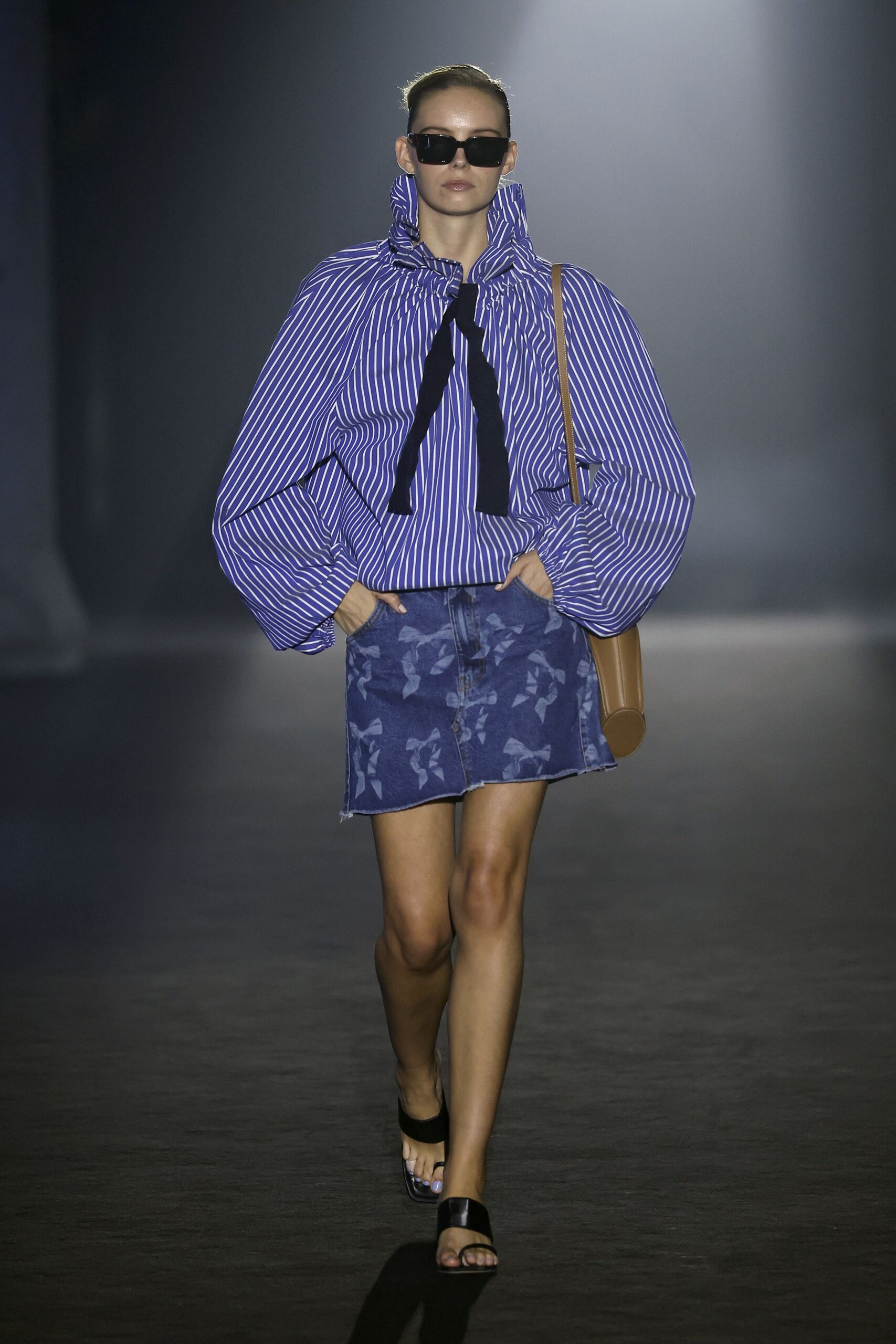 blue and white striped shirt with denim skirt