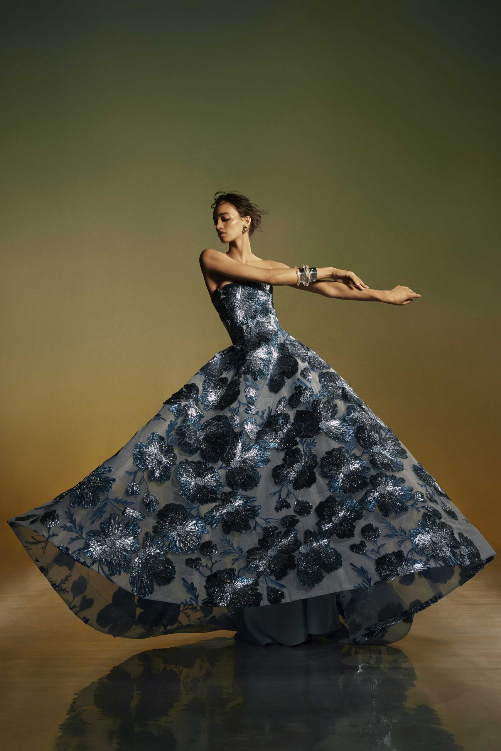 blue floral strapless gown