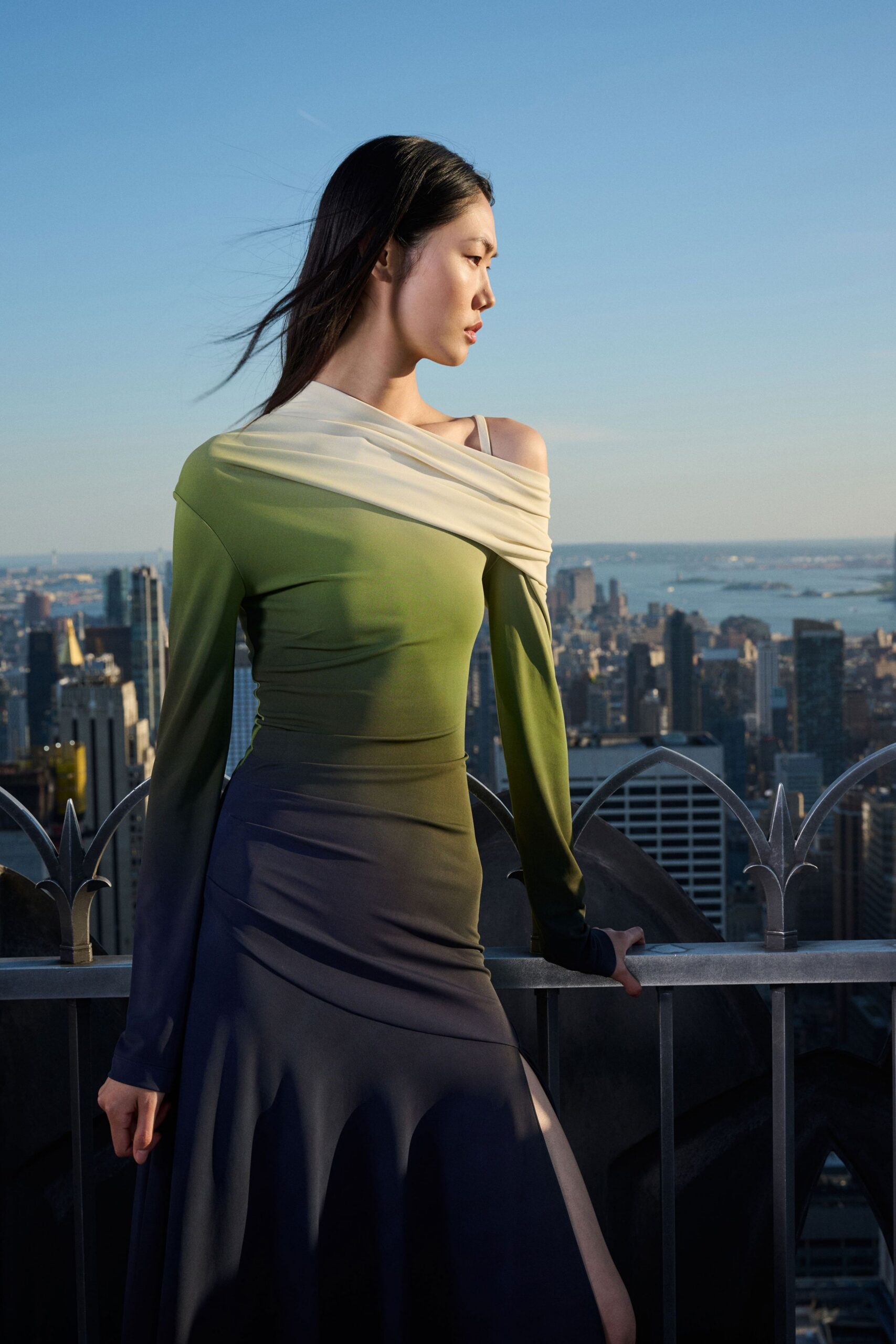 green and white draped midi dress