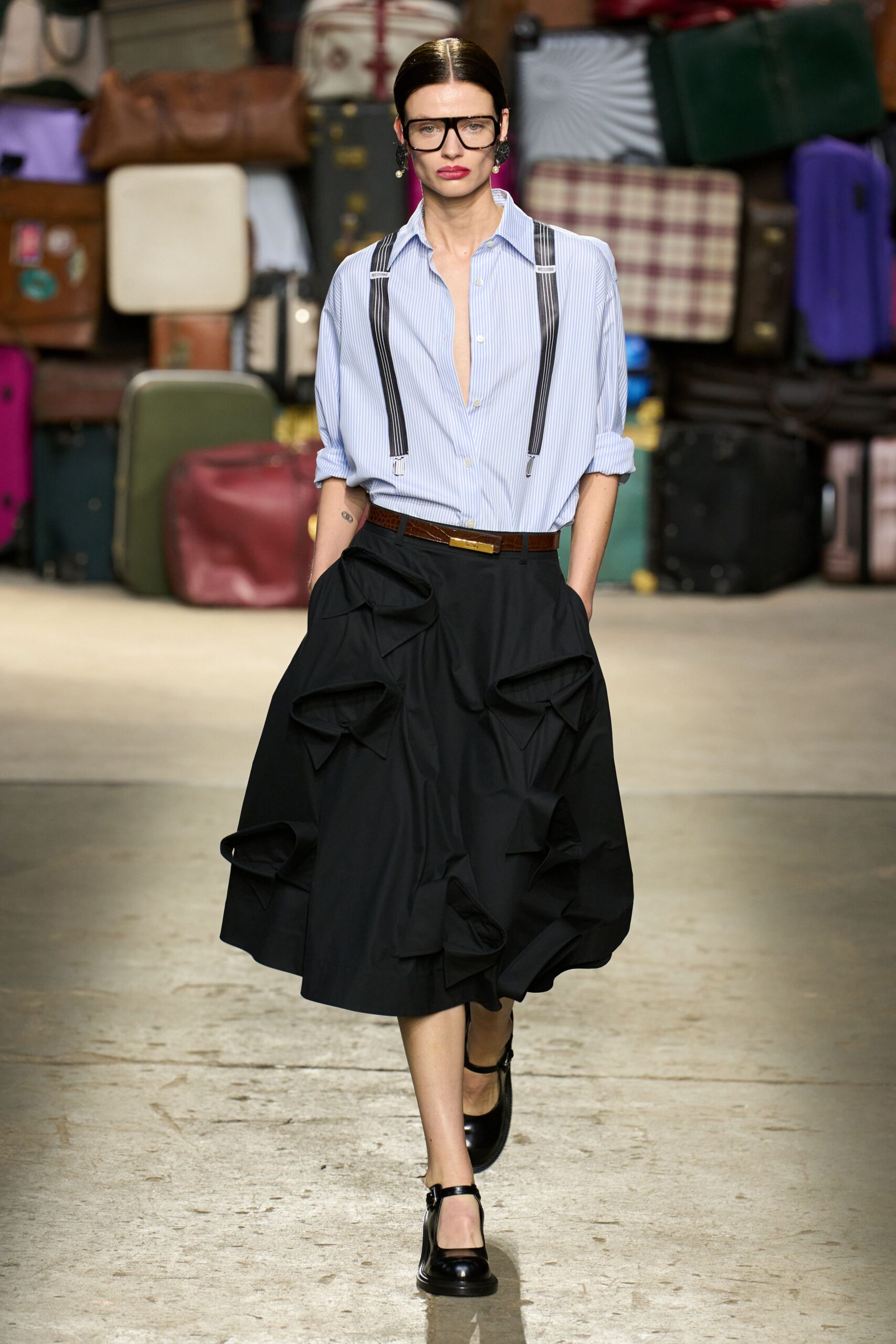 blue striped shirt black pleated skirt