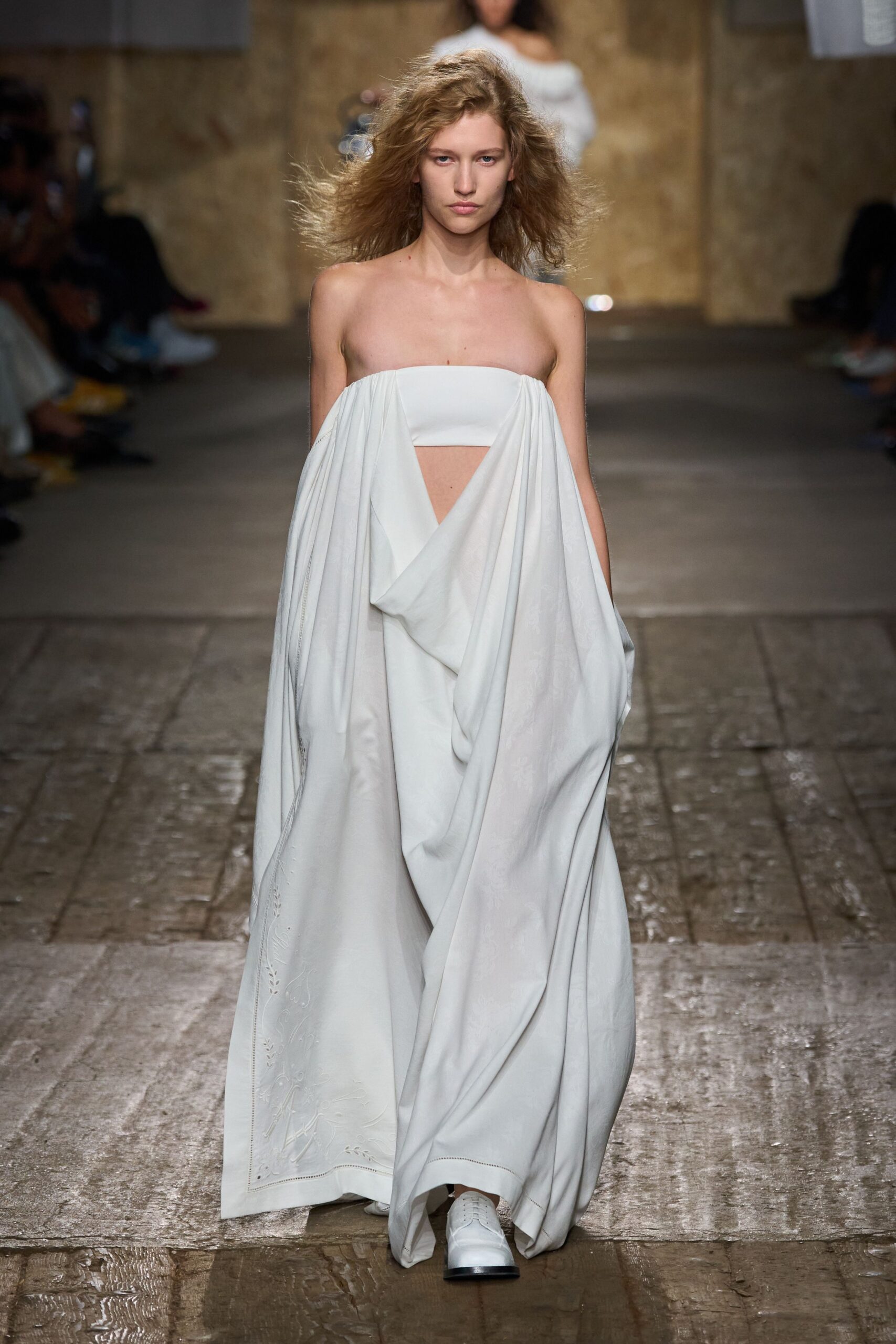 white cotton strapless relaxed draped maxi gown
