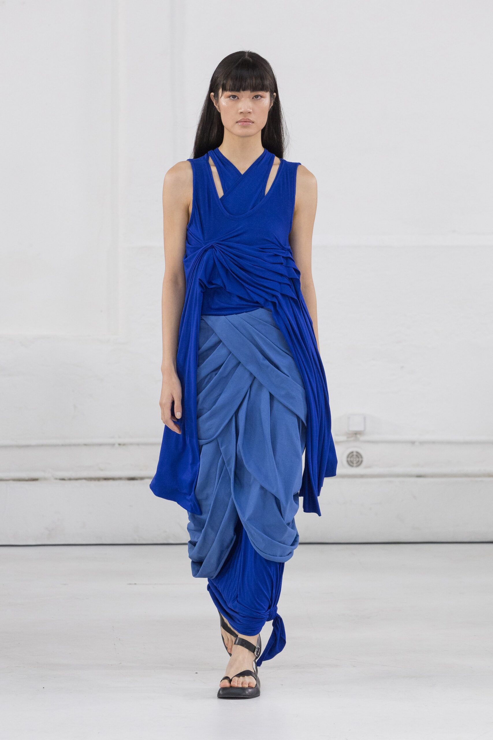 blue draped midi dress with sandals