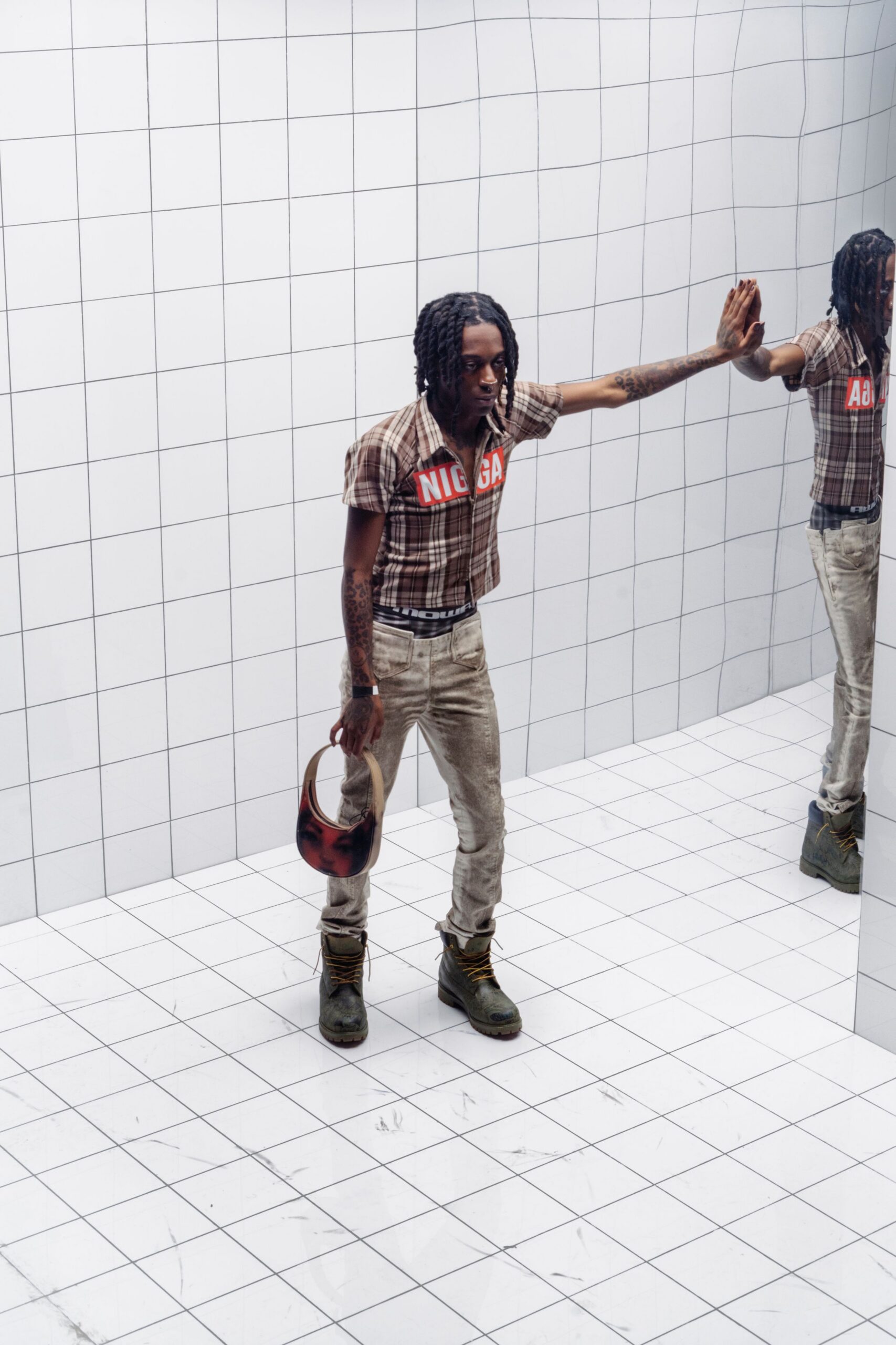 checked shirt with distressed pants