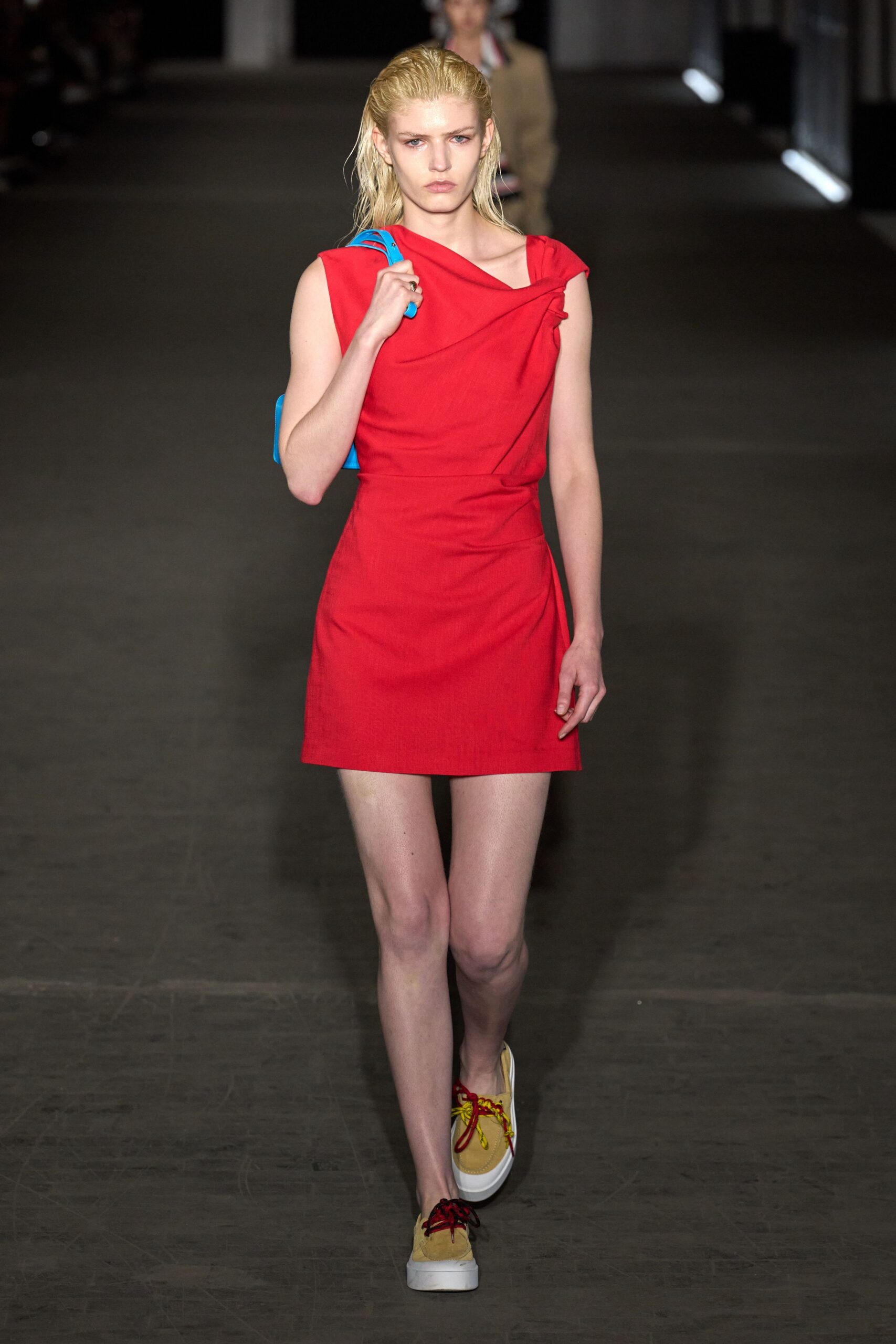 red cotton sleeveless v-neck fitted draped short dress