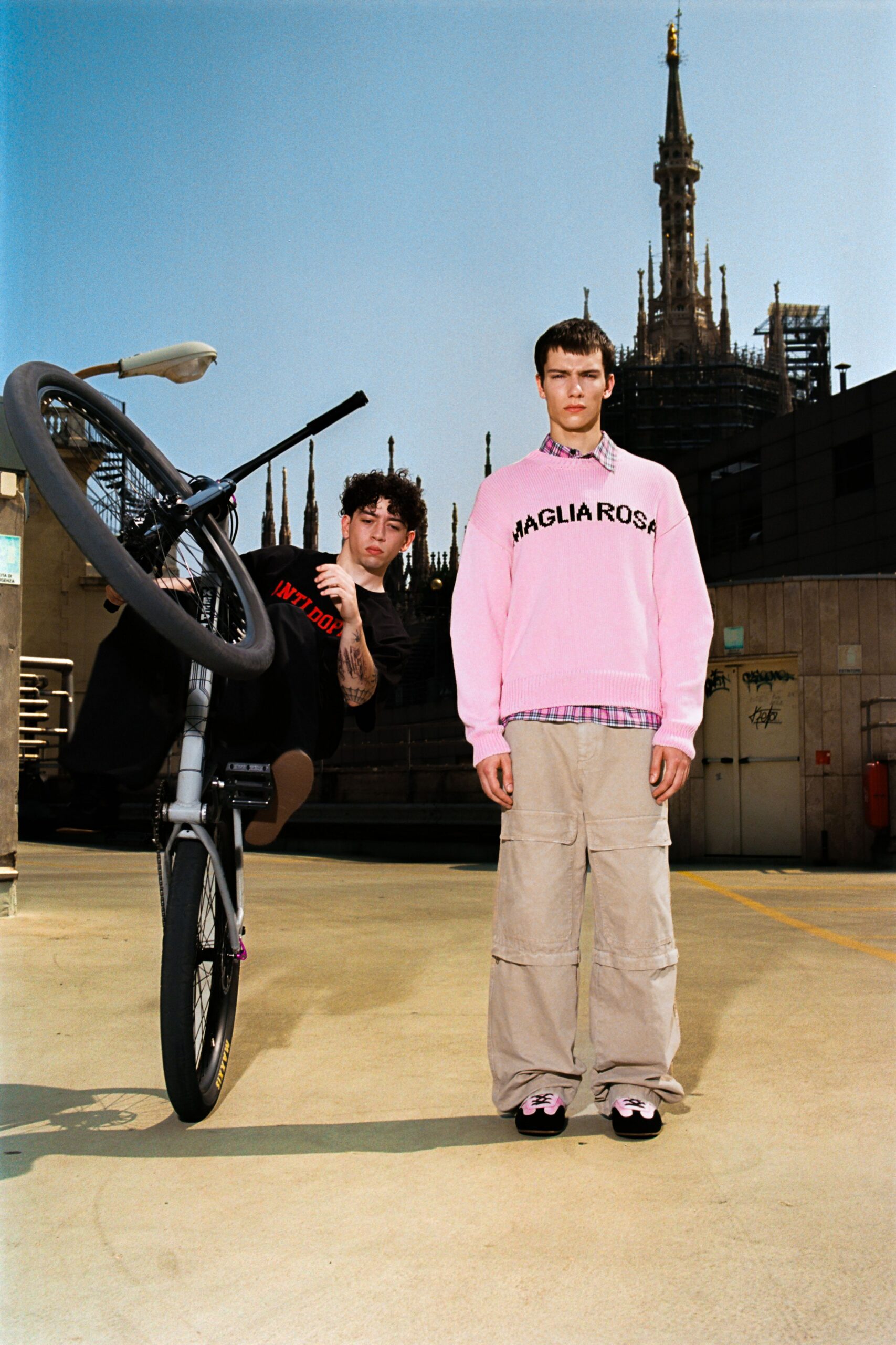 pink relaxed sweater with collared shirt