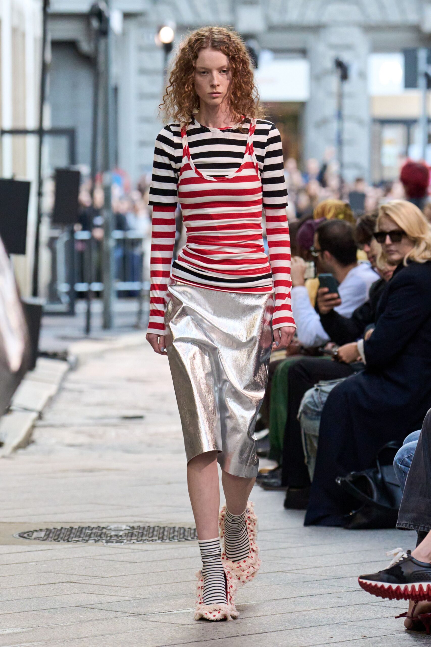 red long-sleeve v-neck fitted striped top