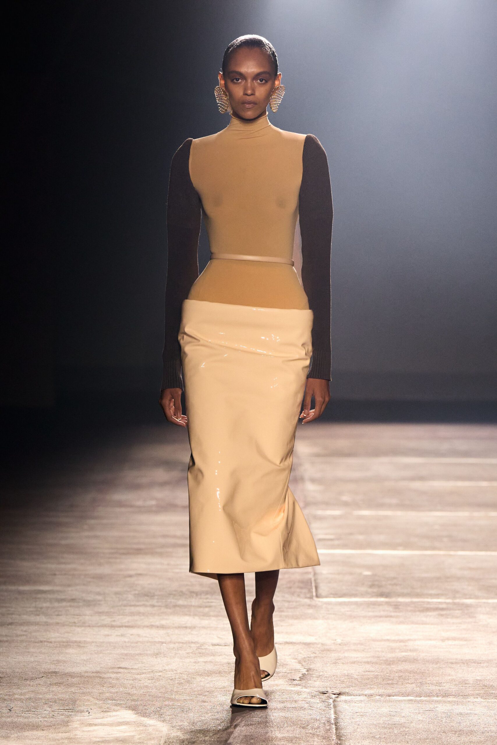 beige fitted top cream midi skirt