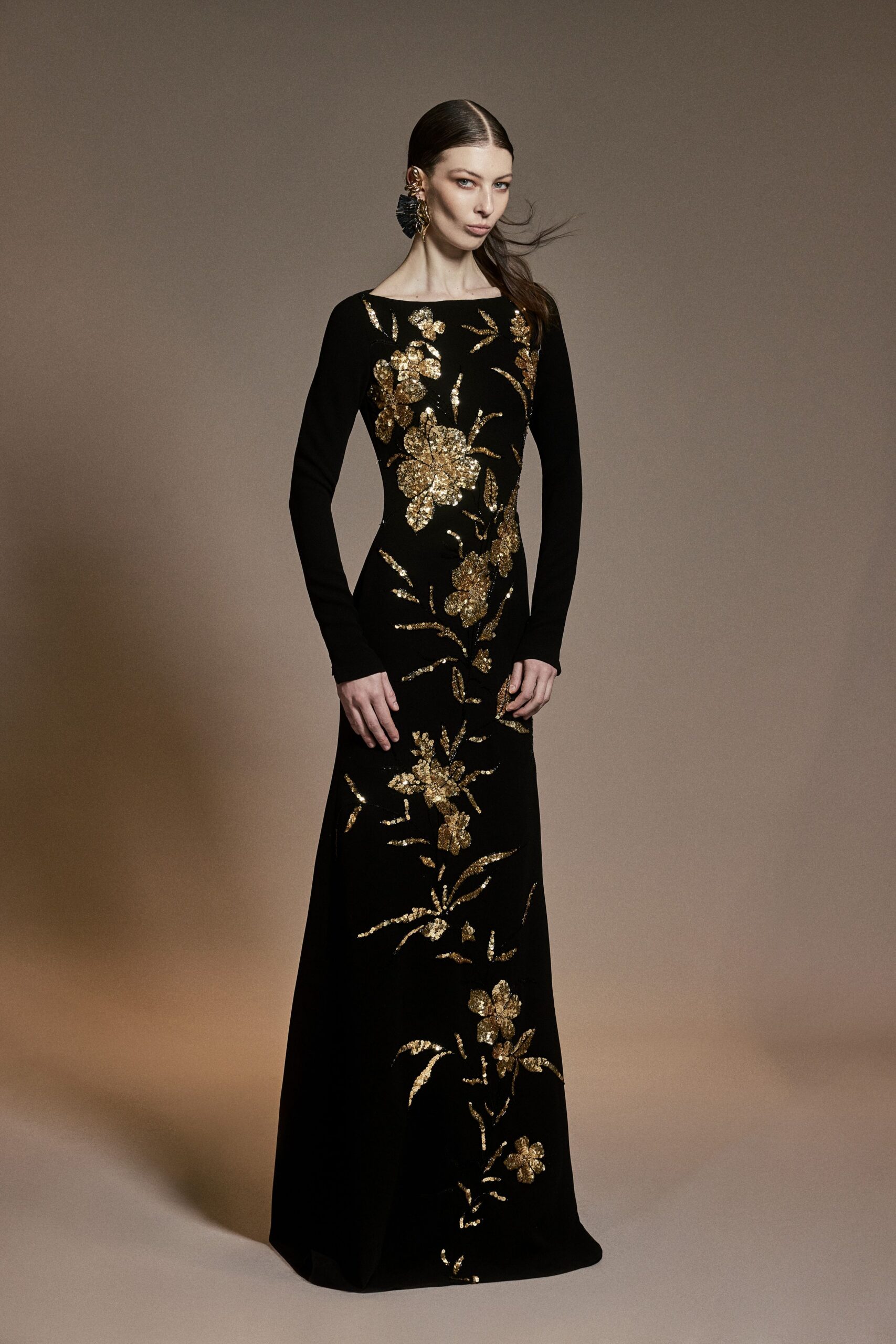 black silk embroidered gown
