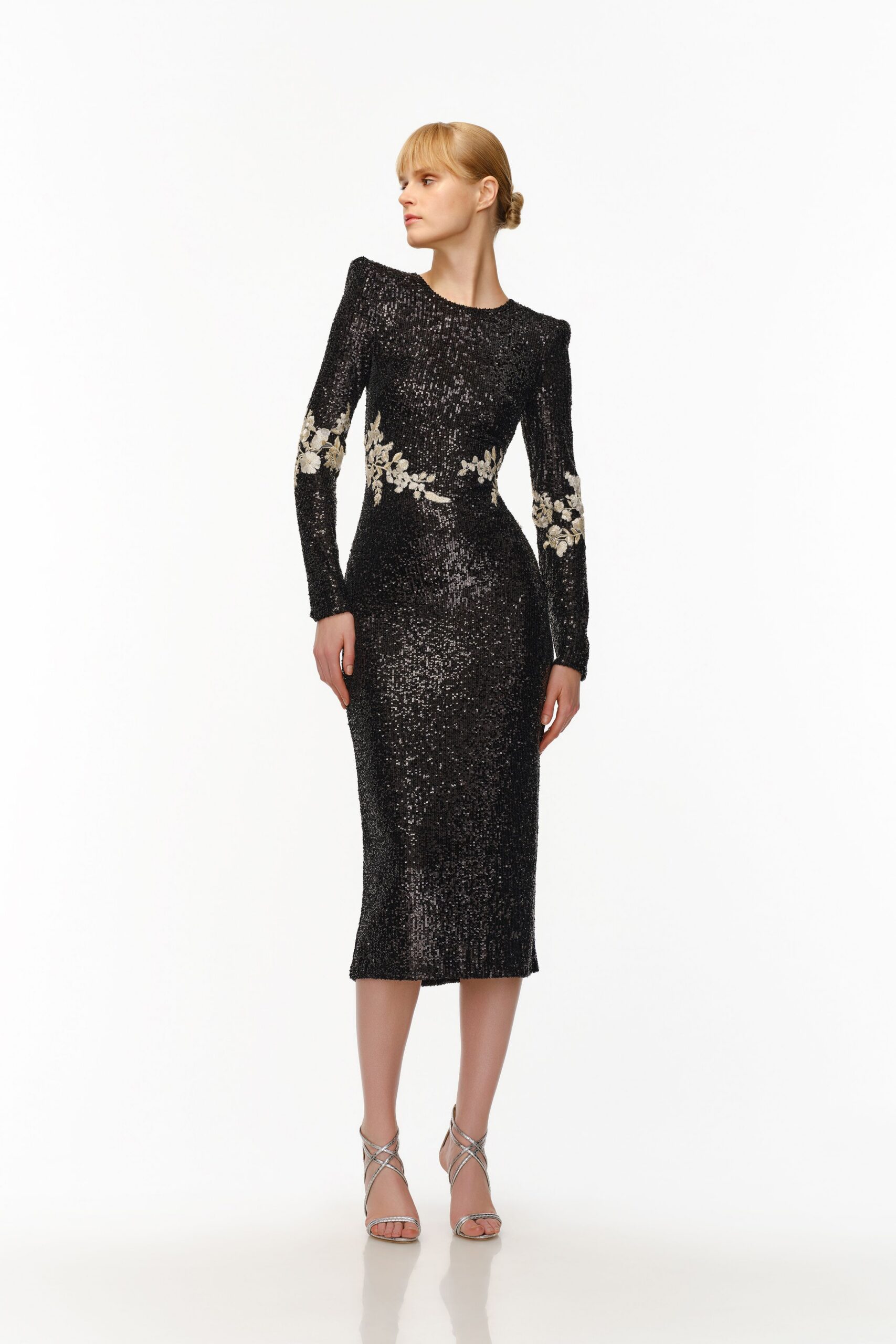 black sequin long-sleeve collared fitted embellished shiny dress