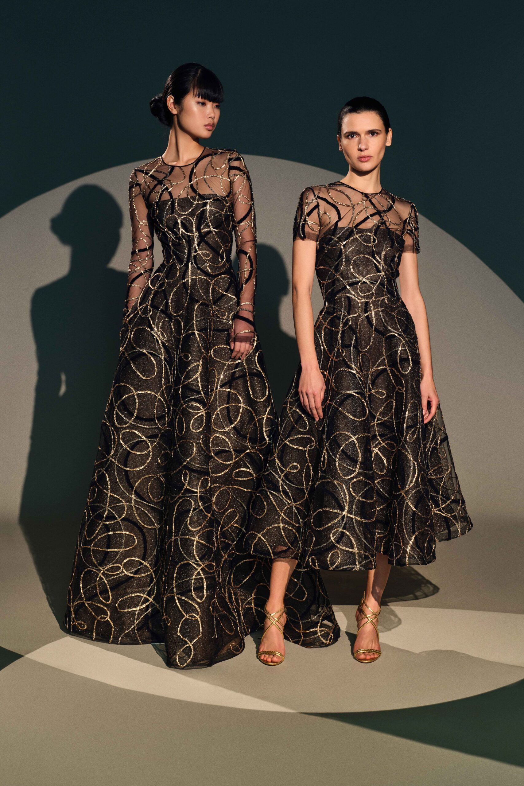 black silk short-sleeve high-neck fitted embroidered tiered gown
