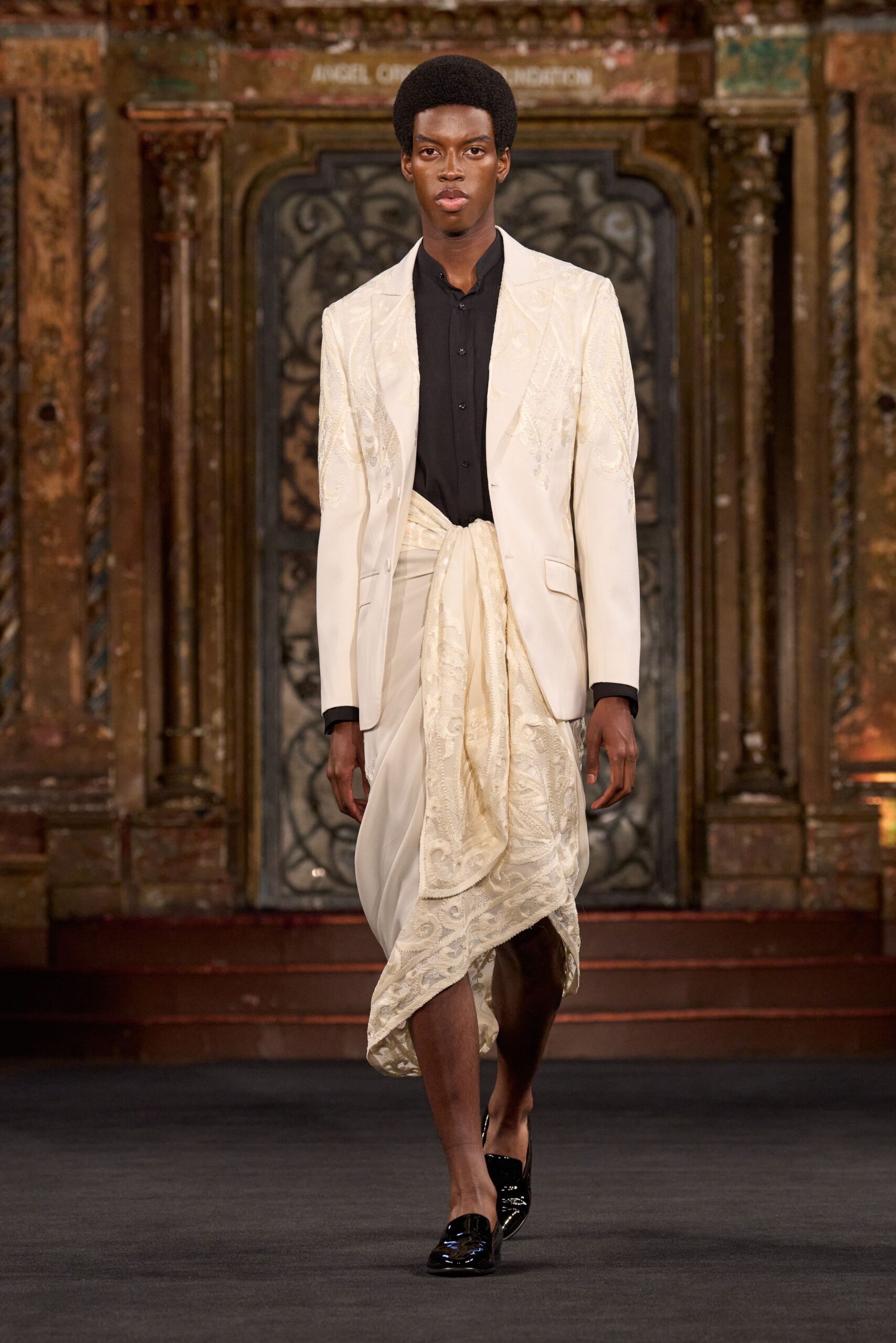 white silk long-sleeve collared structured embroidered blazer
