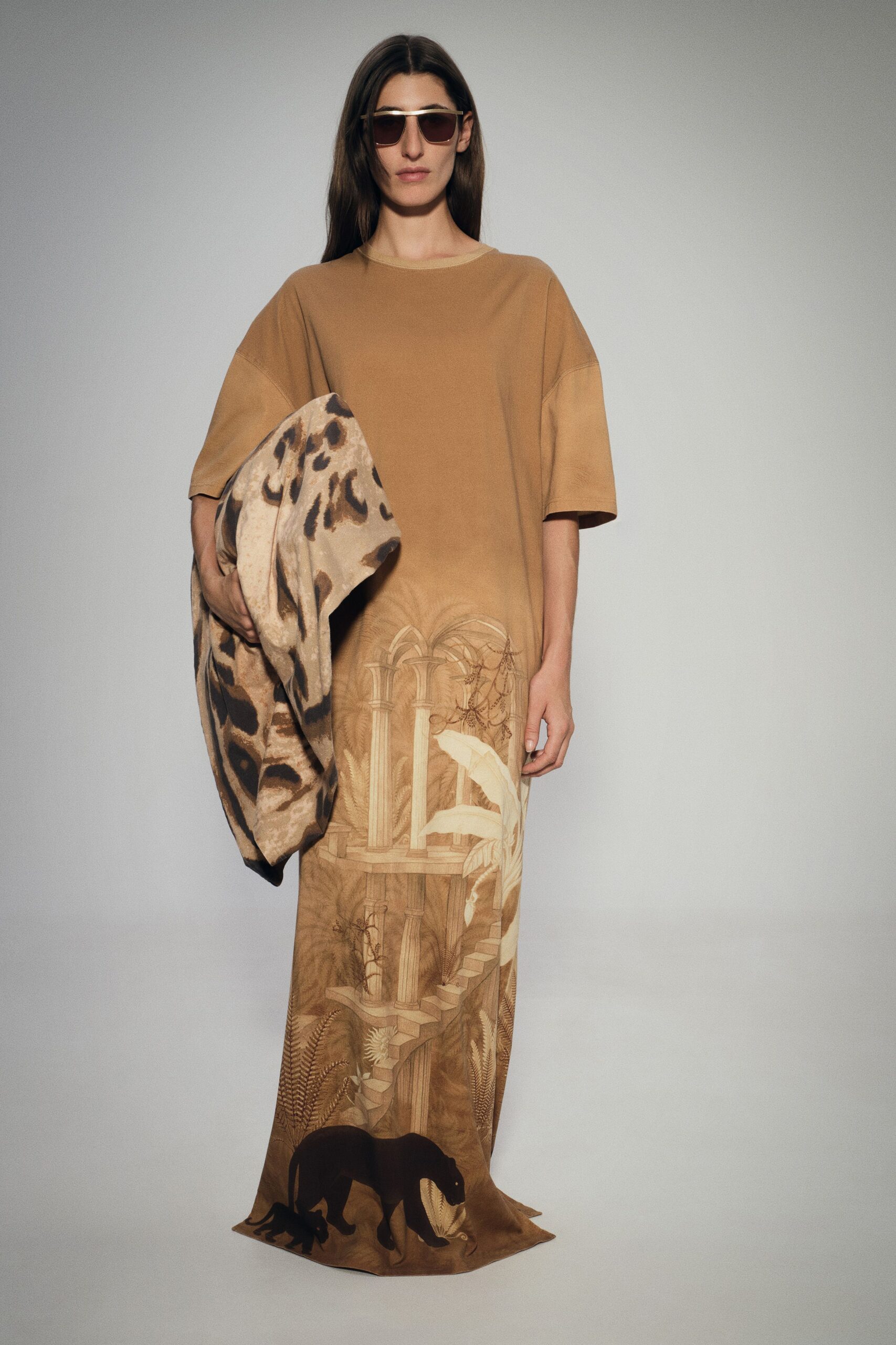 brown cotton short-sleeve collared relaxed printed maxi dress