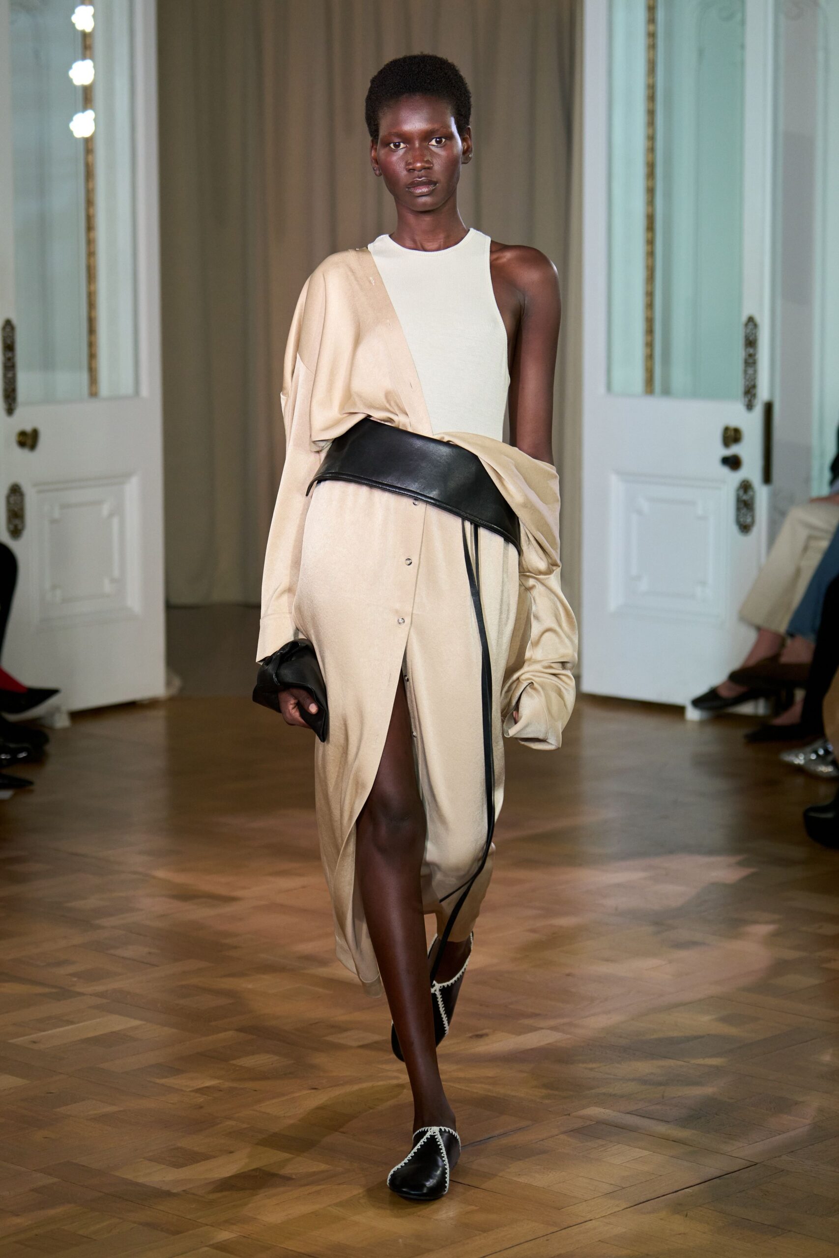 beige cotton long-sleeve collared fitted buttoned draped dress