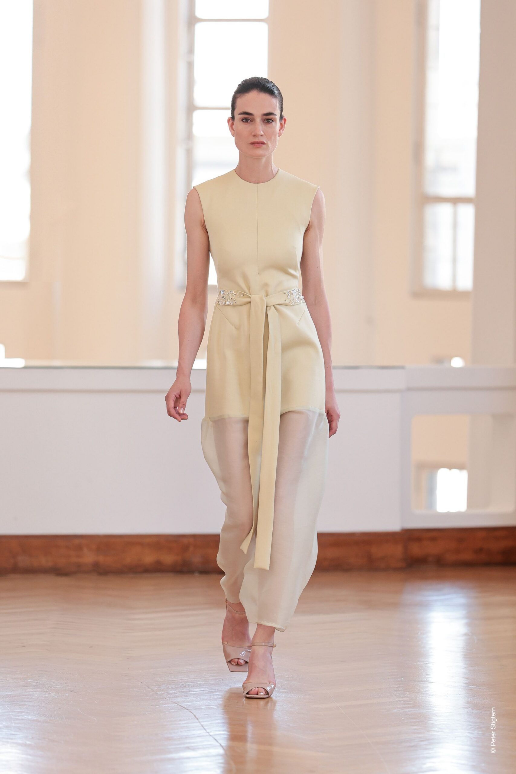 beige silk sleeveless v-neck fitted belted layered dress
