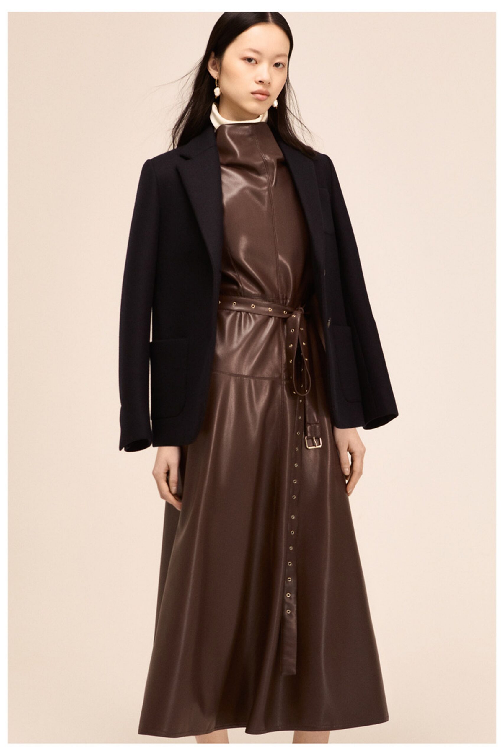 brown leather long-sleeve high-neck fitted belted buttoned dress