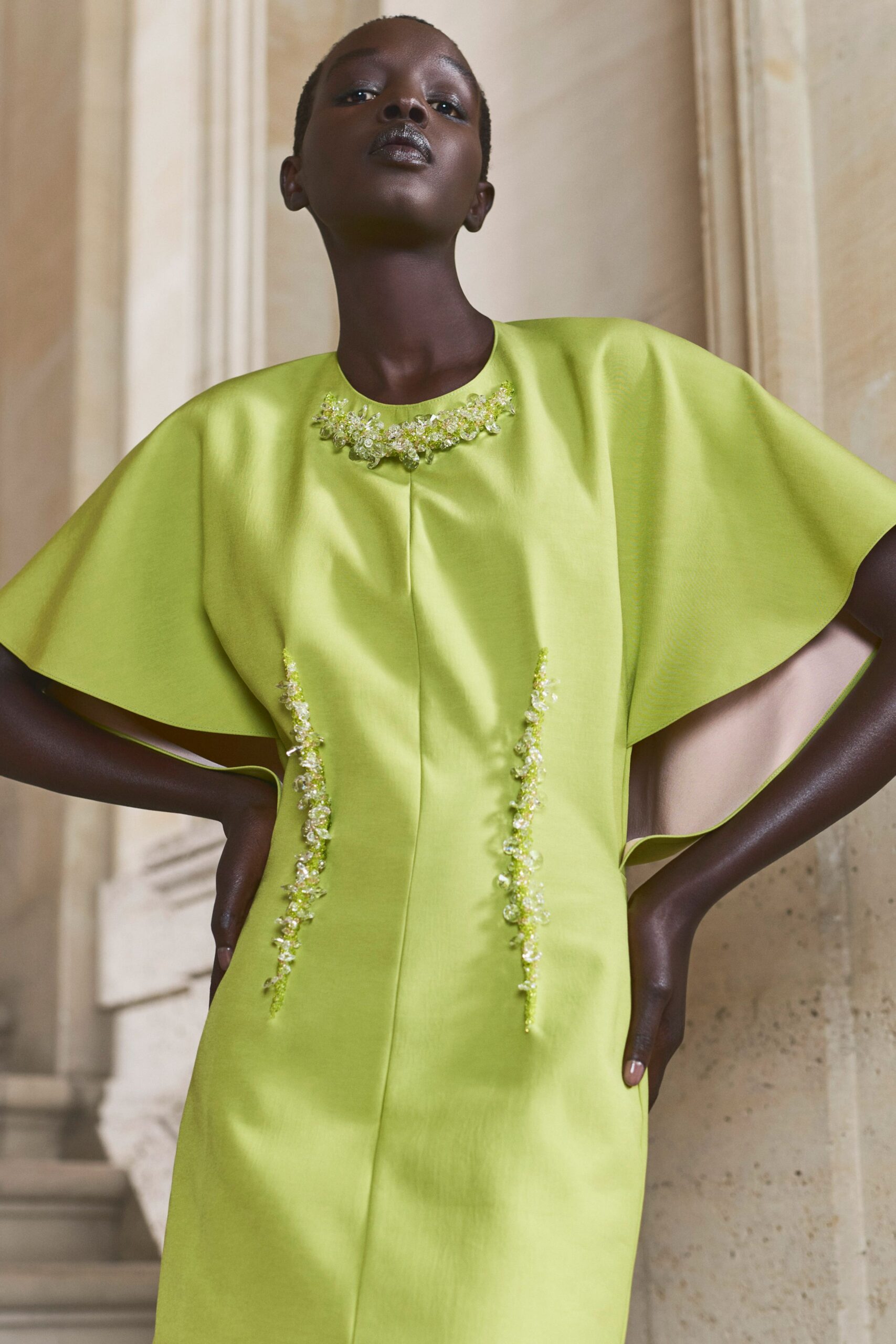 green fitted sleeveless dress