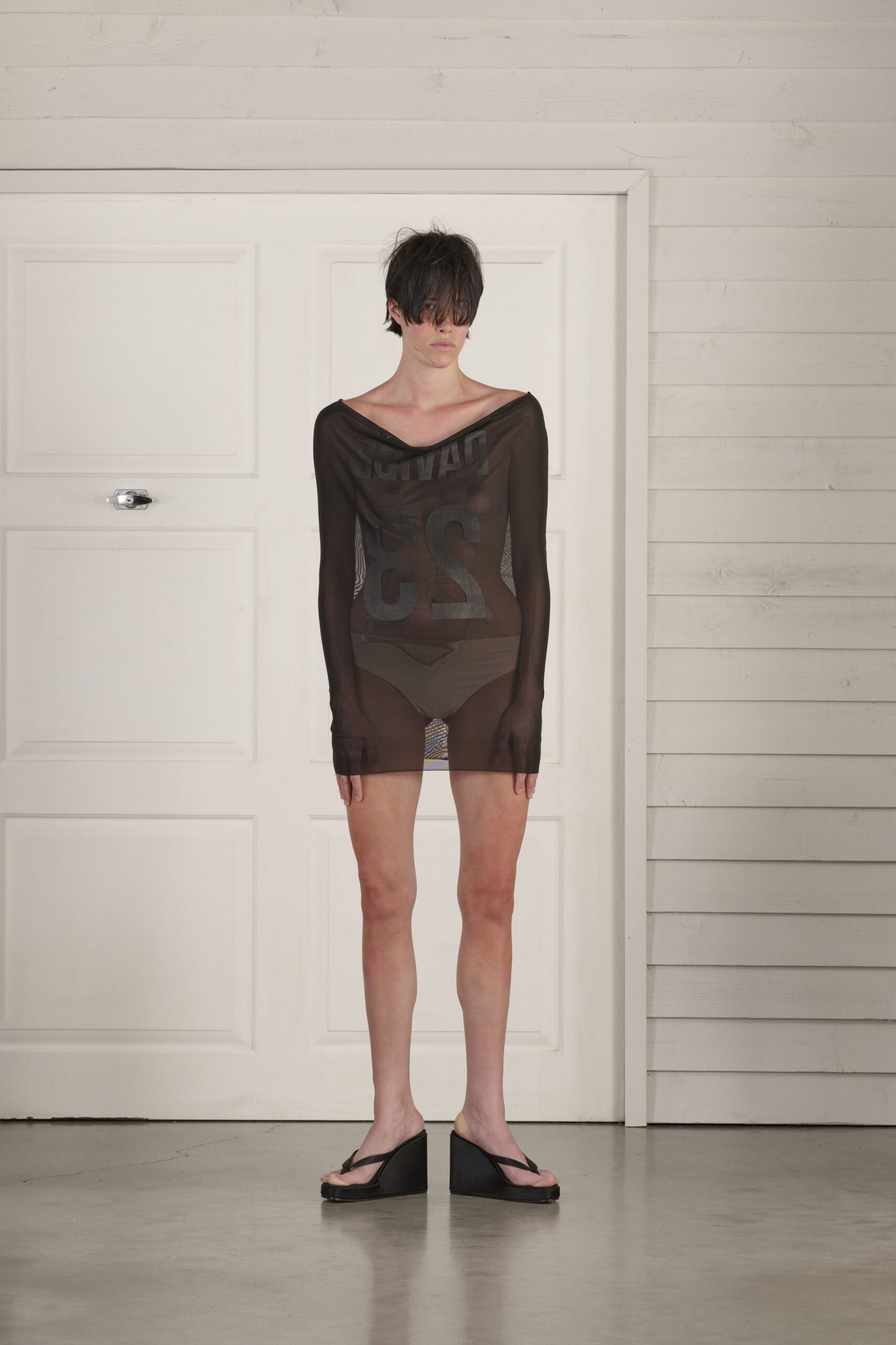 black mesh long-sleeve off-shoulder fitted printed sheer top