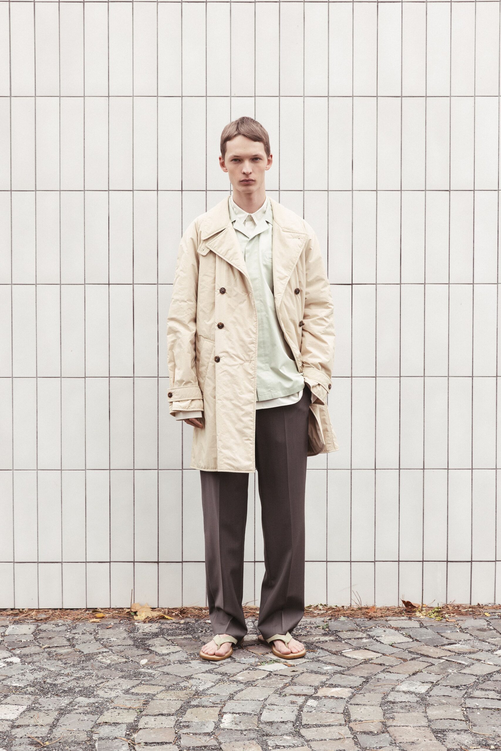 beige cotton long-sleeve collared relaxed buttoned trench