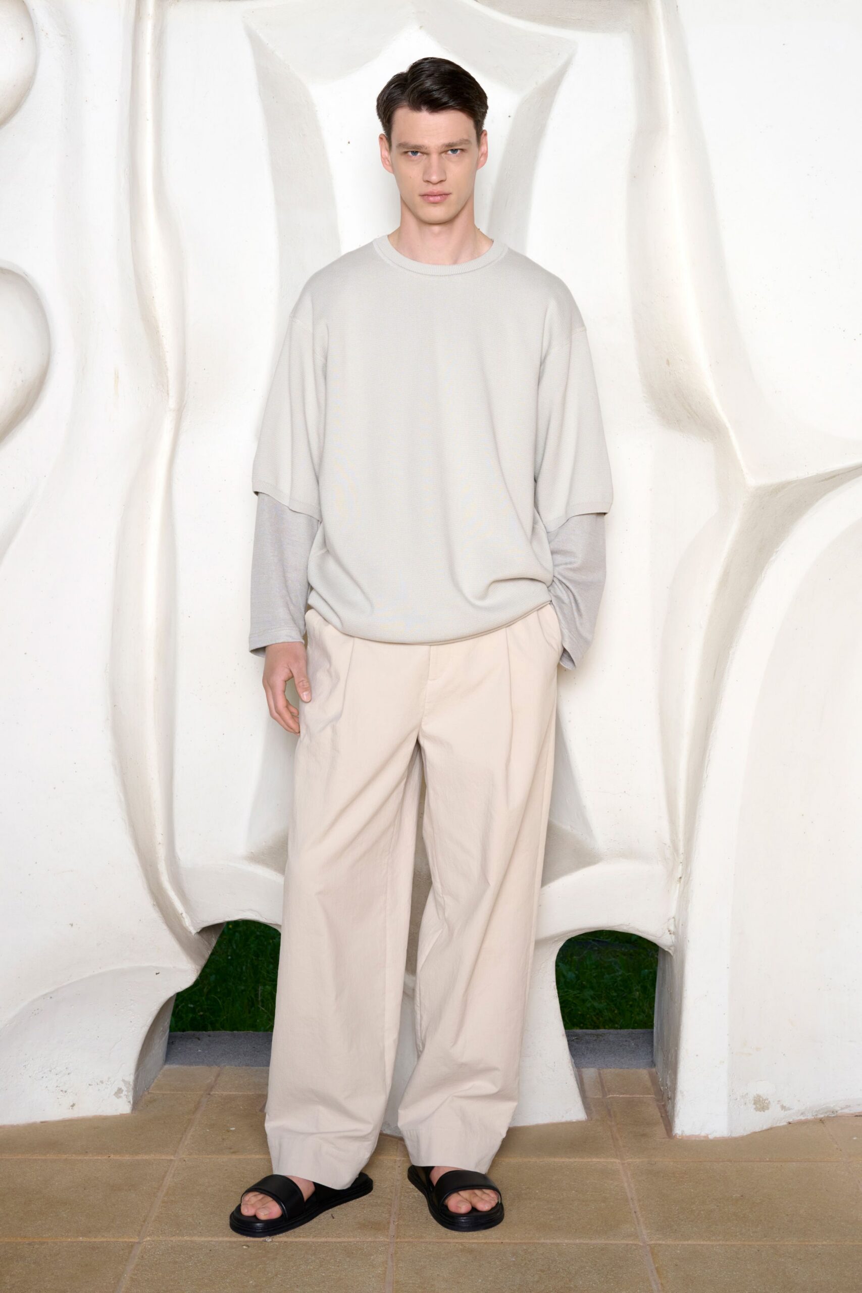 gray relaxed top beige wide-leg pants