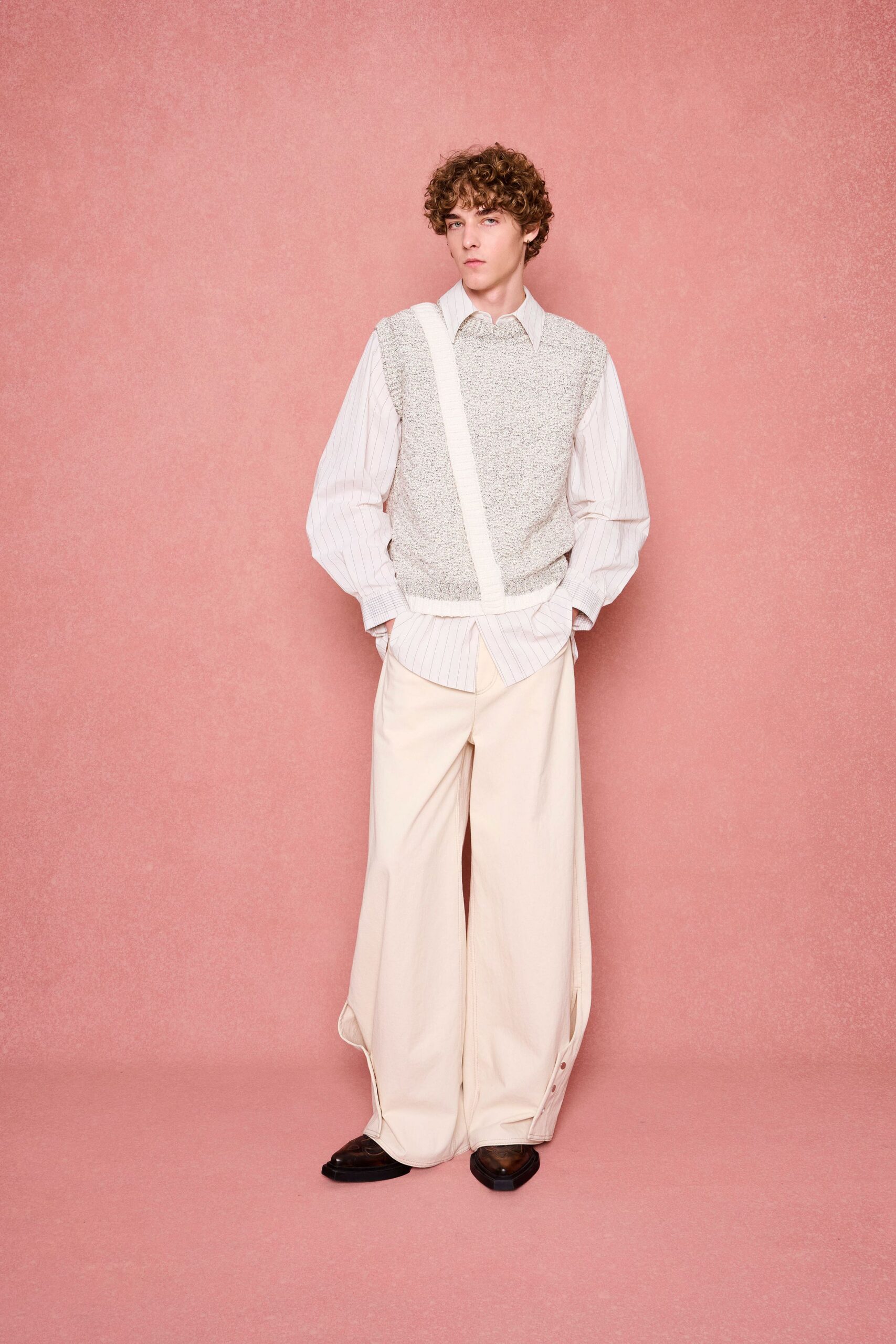 gray sweater white shirt beige pants