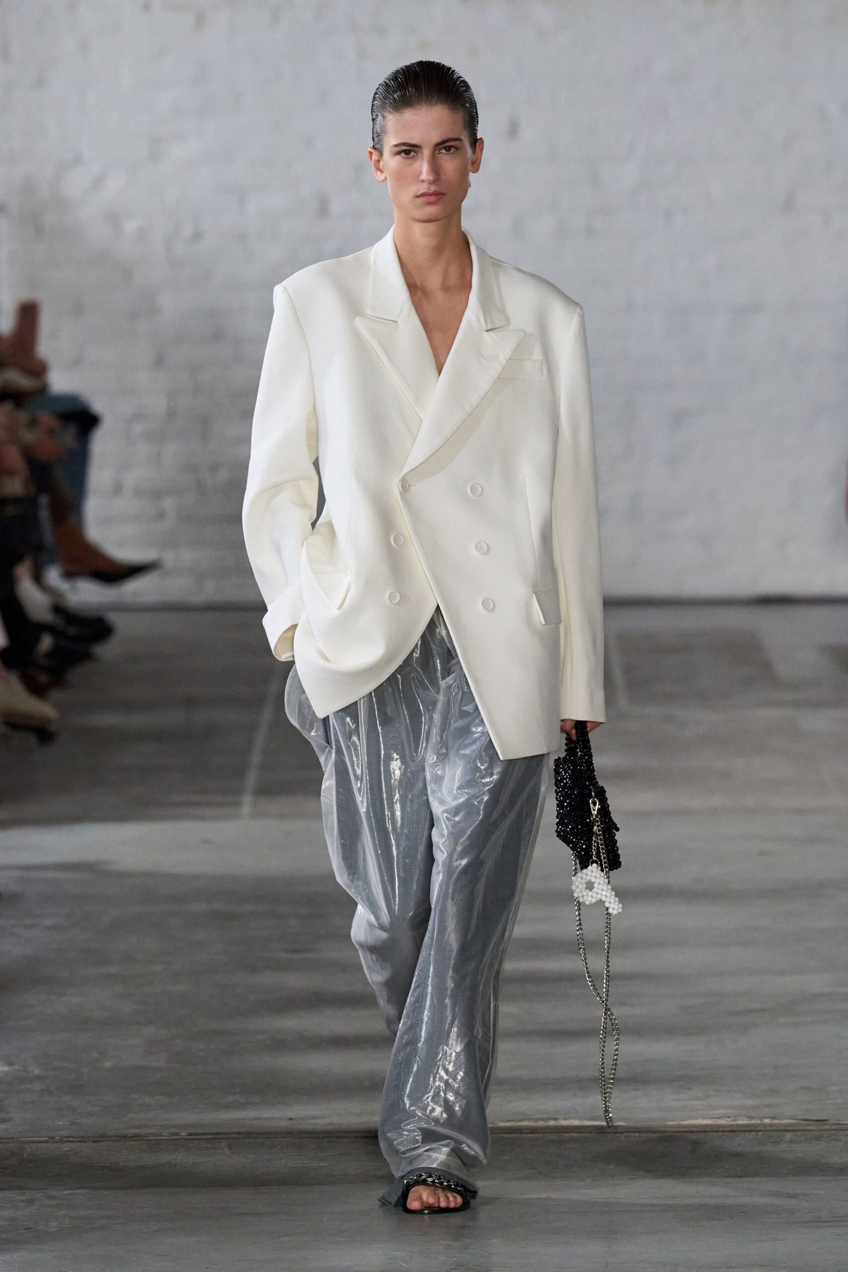 gray vinyl relaxed wide-leg shiny pants