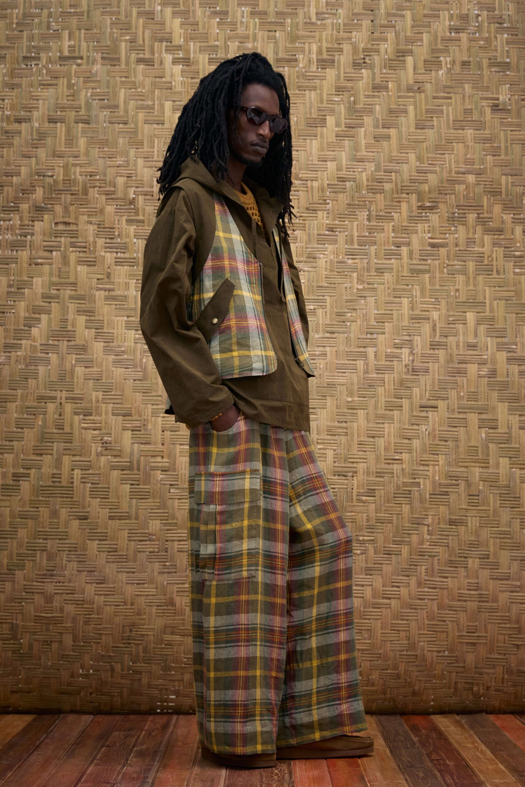 brown multi plaid jacket and pants