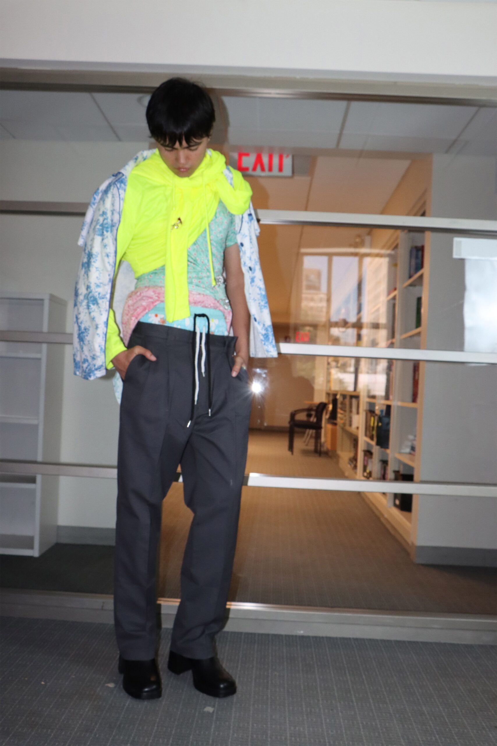 blue cotton long-sleeve collared relaxed printed jacket