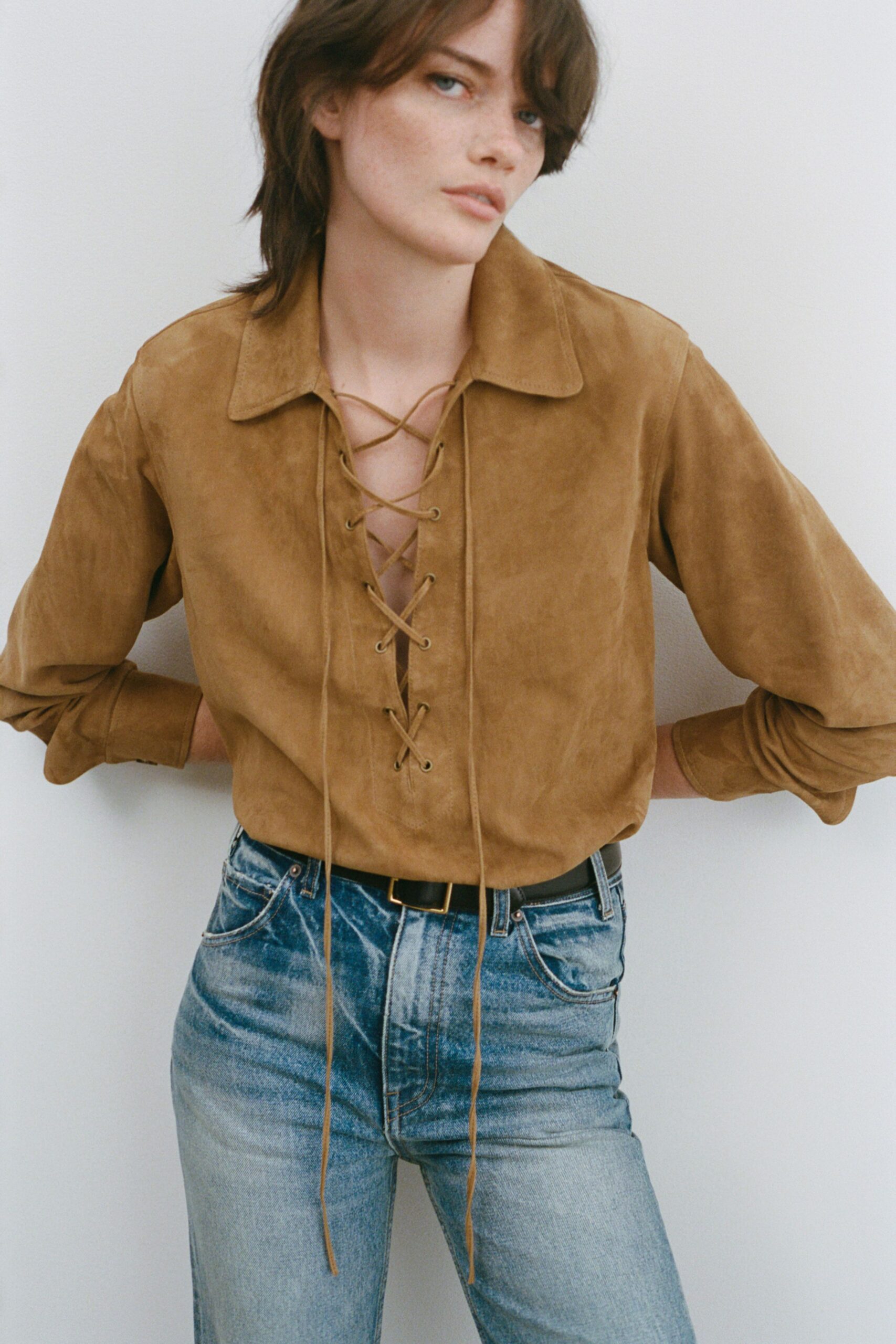 brown suede long-sleeve collared relaxed zippered shirt