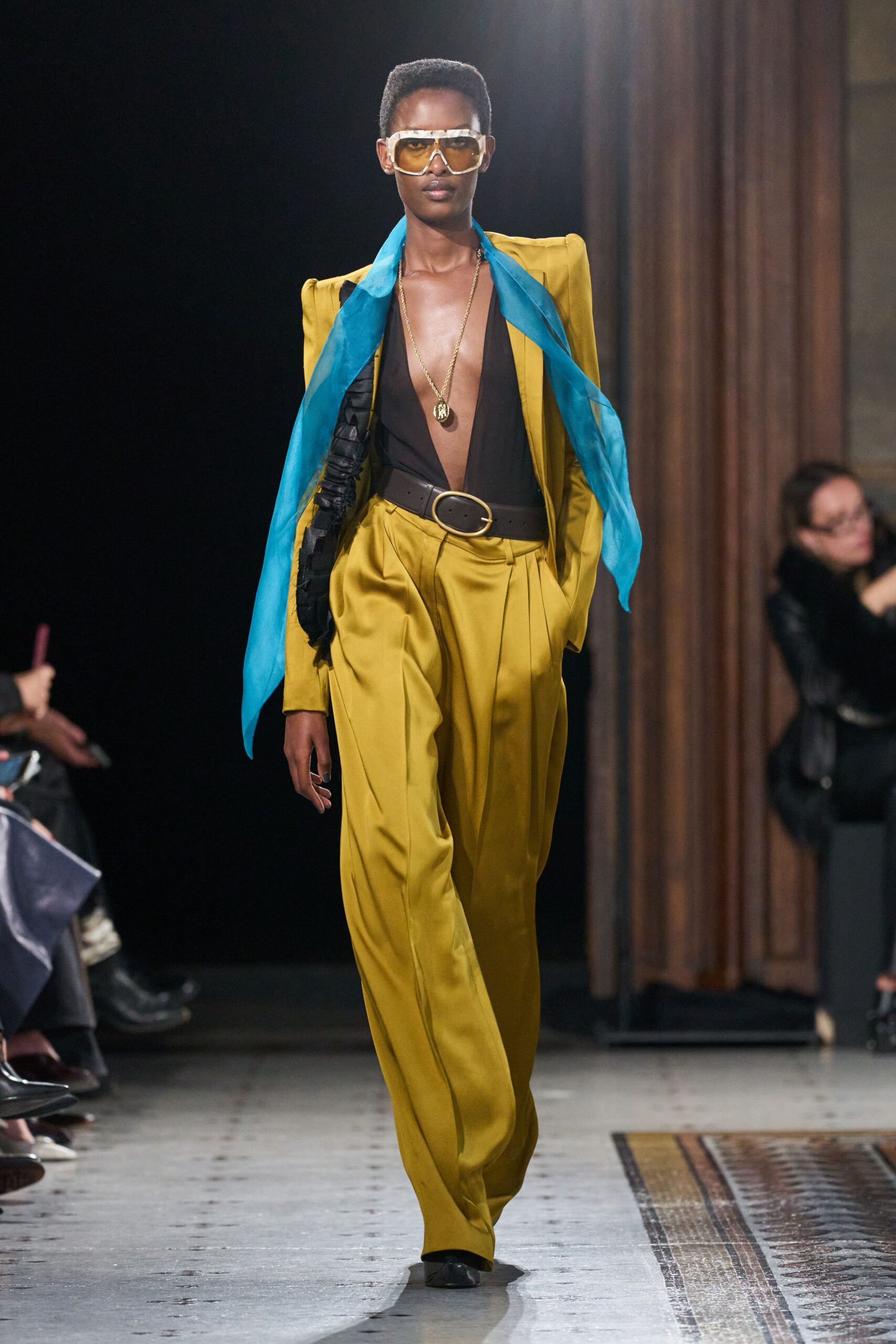 yellow tailored blazer with black top