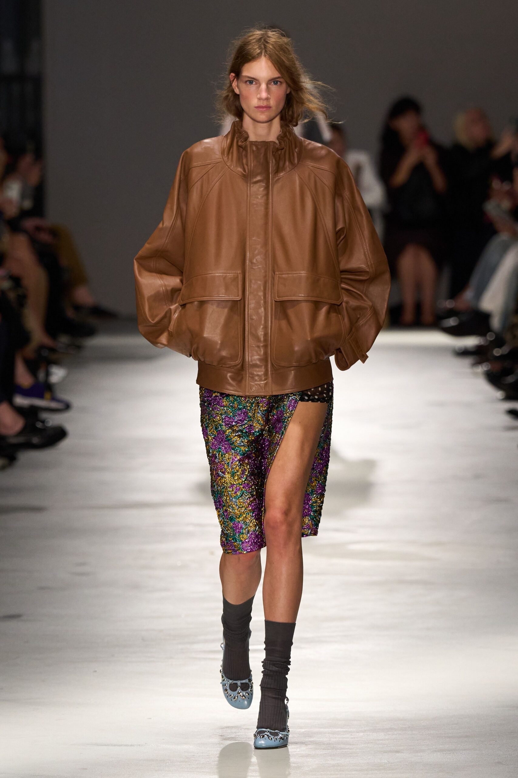 brown leather oversized jacket with multi shorts