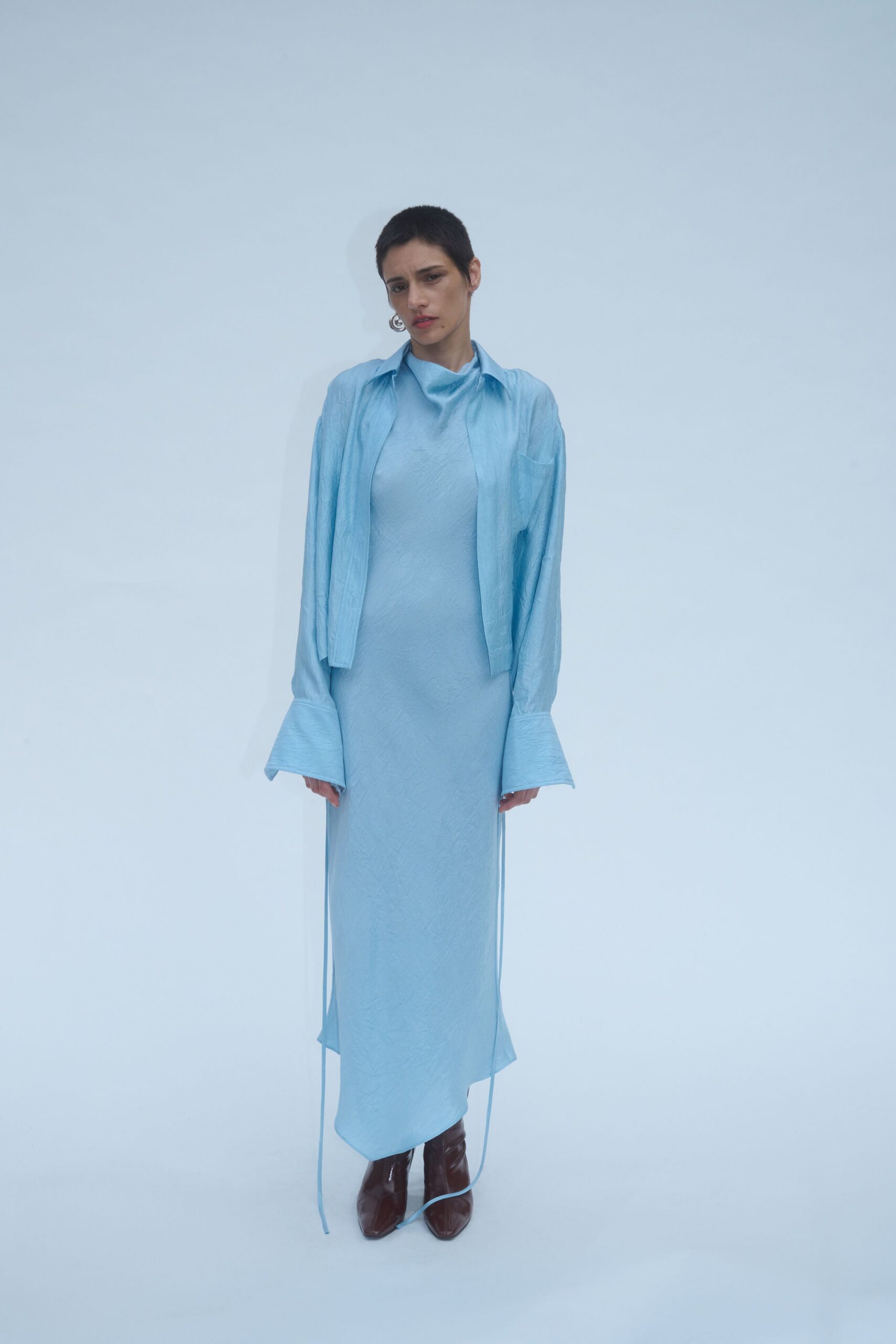 blue silk maxi dress with jacket