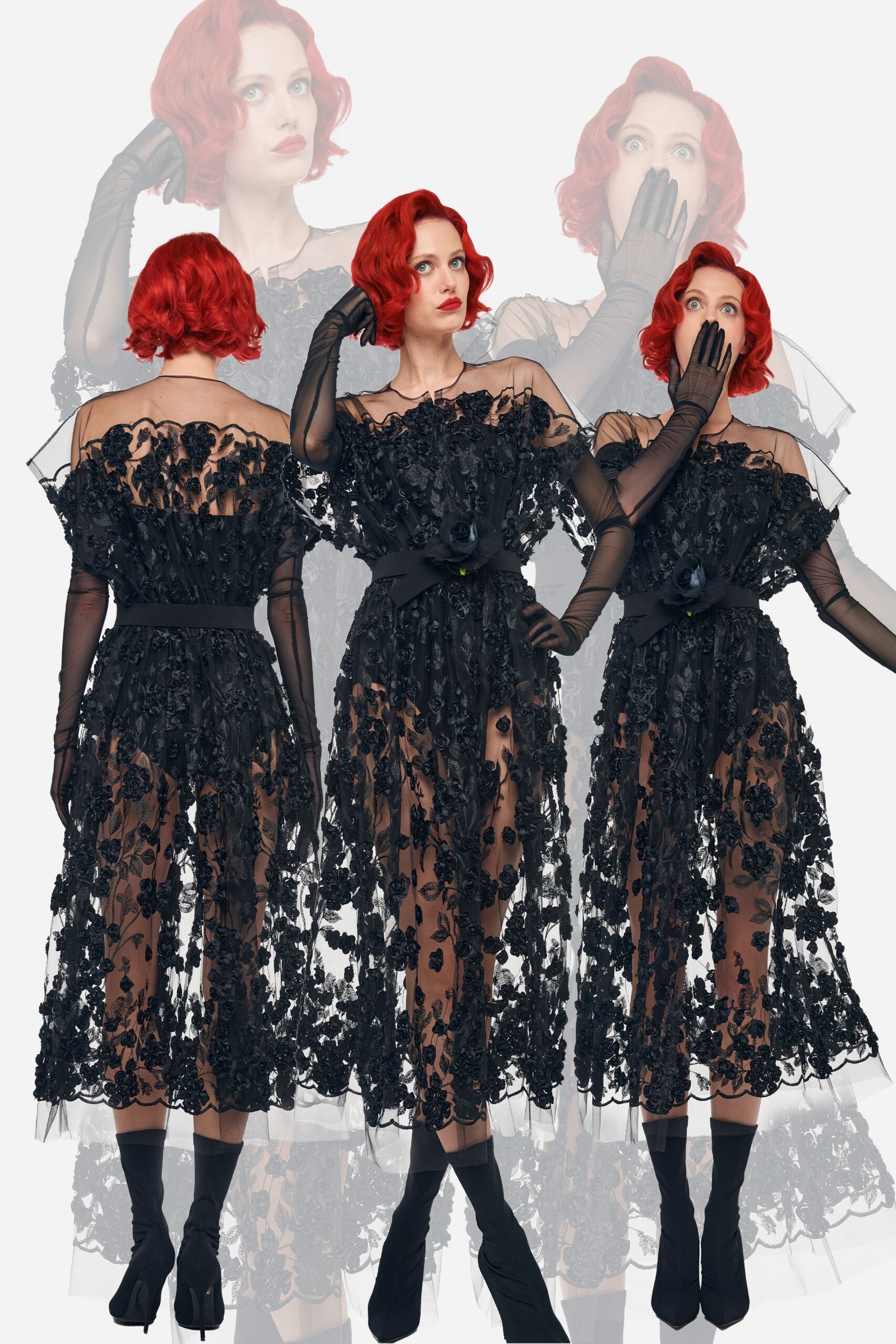 black lace off-shoulder short-sleeve fitted embroidered tiered dress