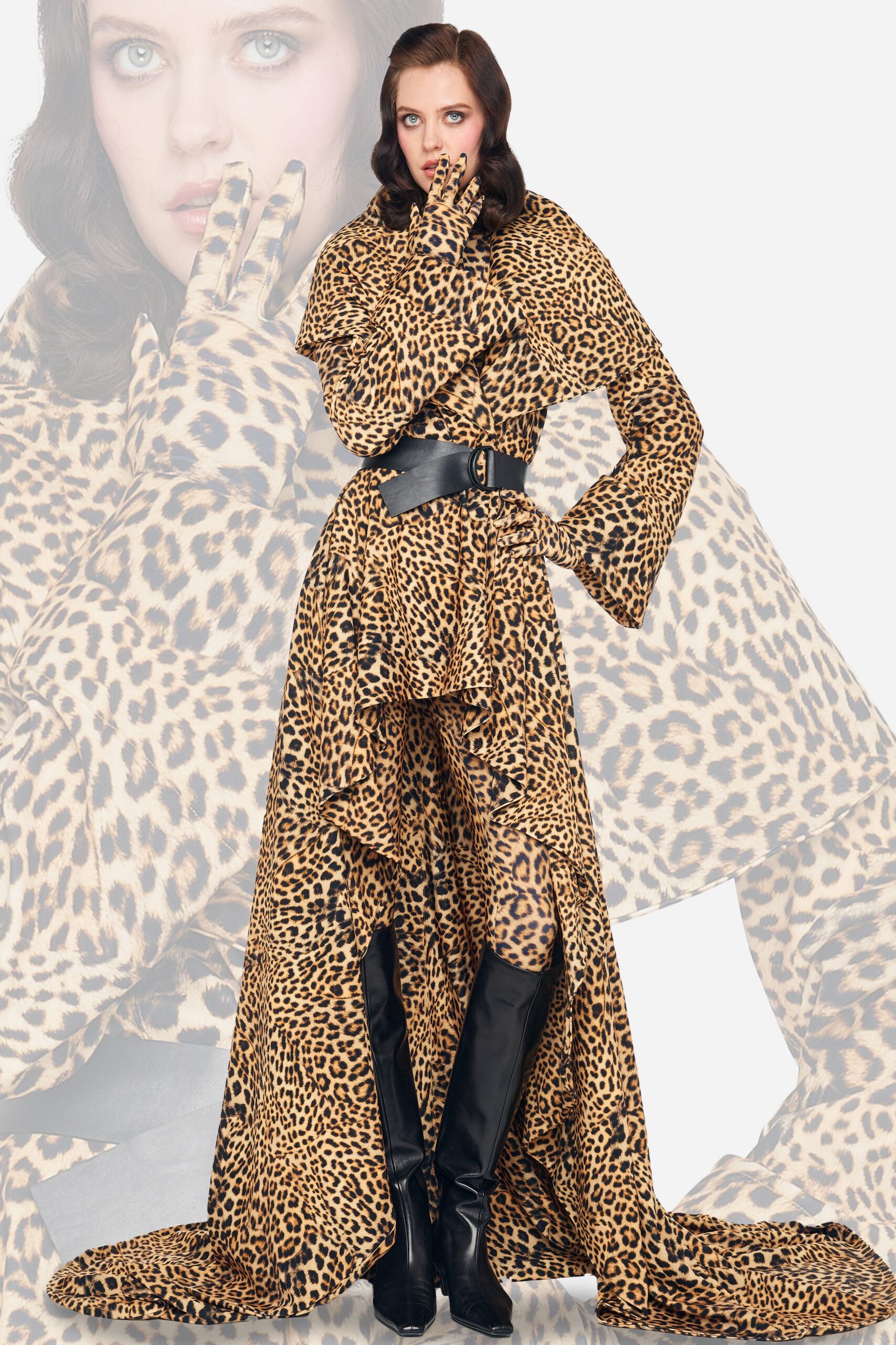 brown silk long-sleeve high-neck fitted animal-print draped gown