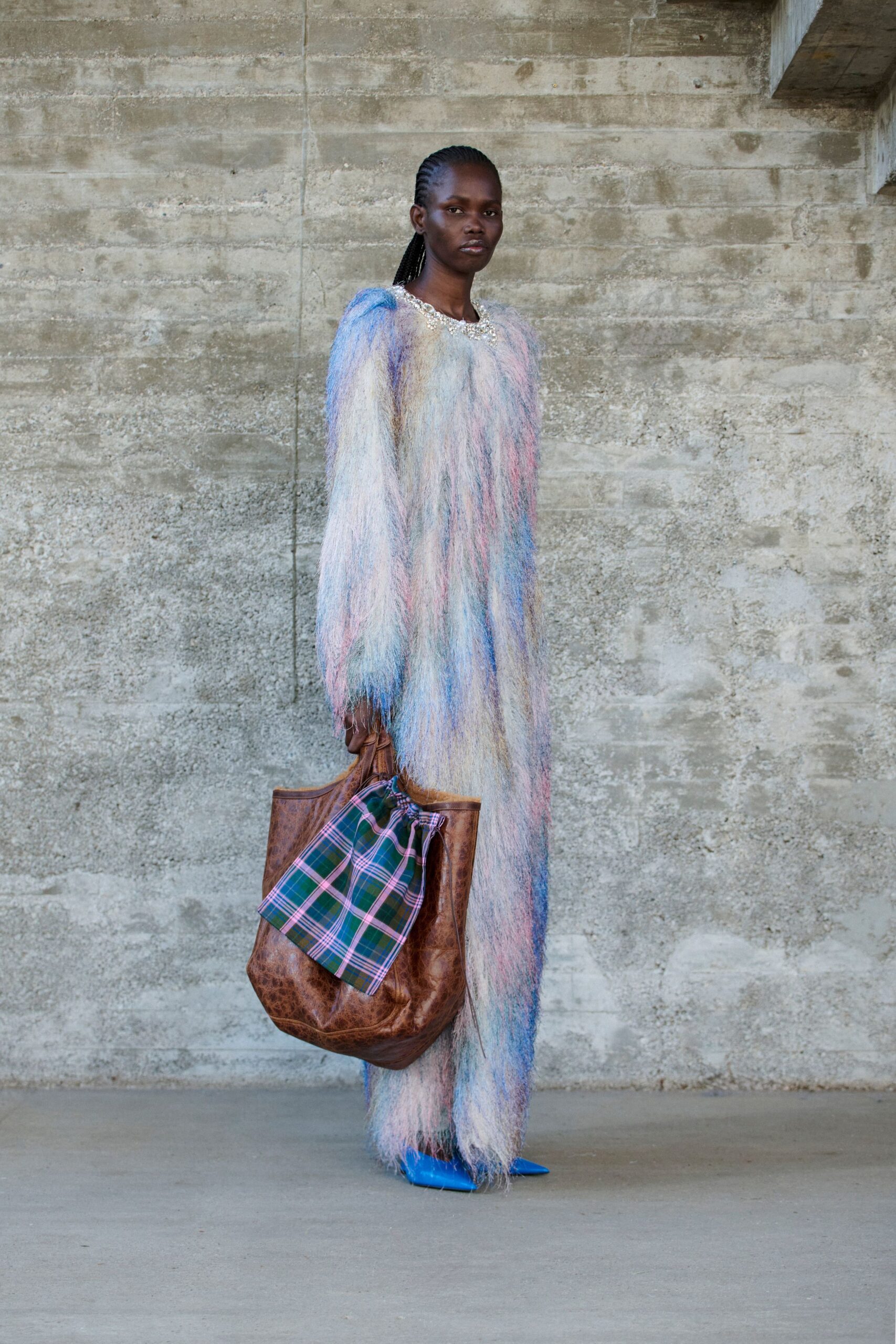 multi fur long-sleeve oversized layered textured maxi dress