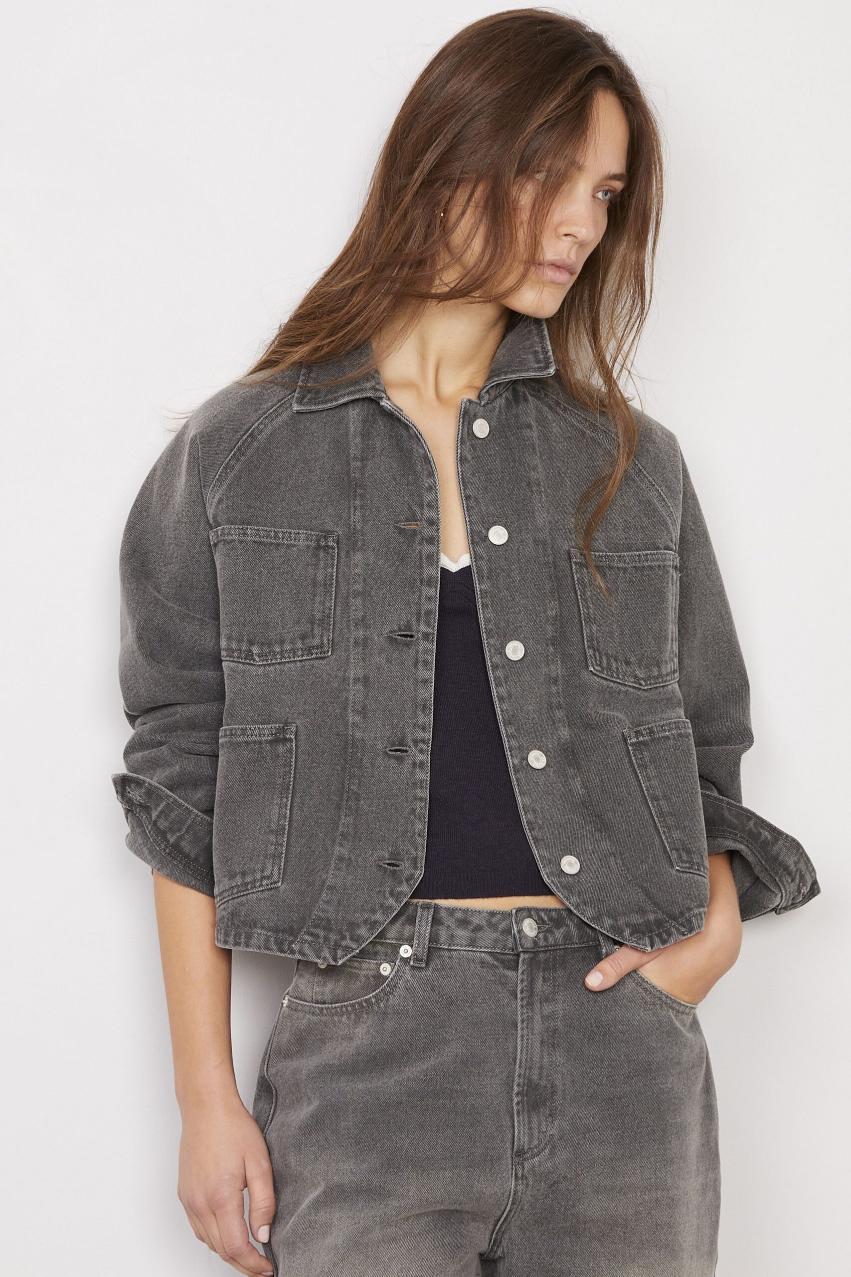 gray denim long-sleeve collared relaxed buttoned distressed jacket